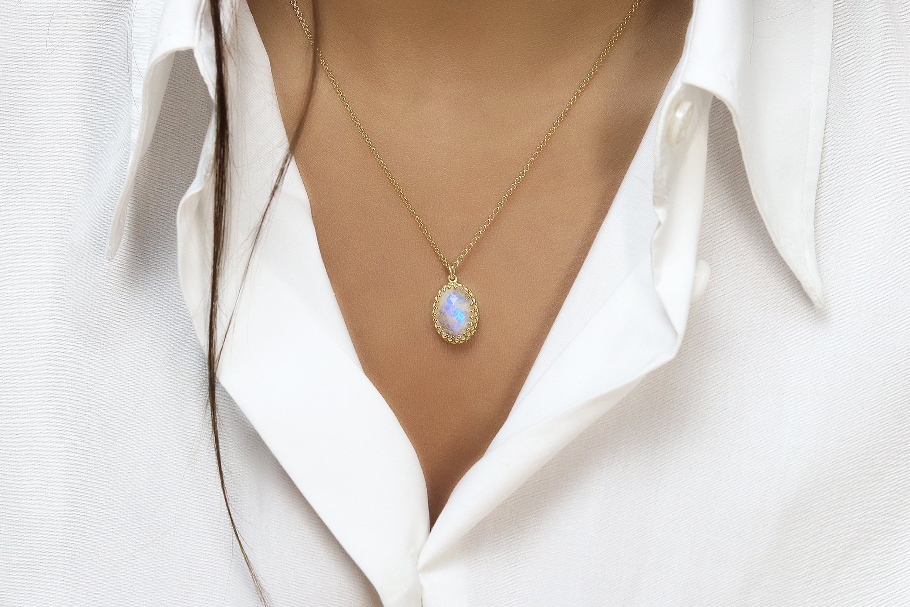 Dainty Oval Rainbow Moonstone Gold Necklace necklaces Anemone Jewelry