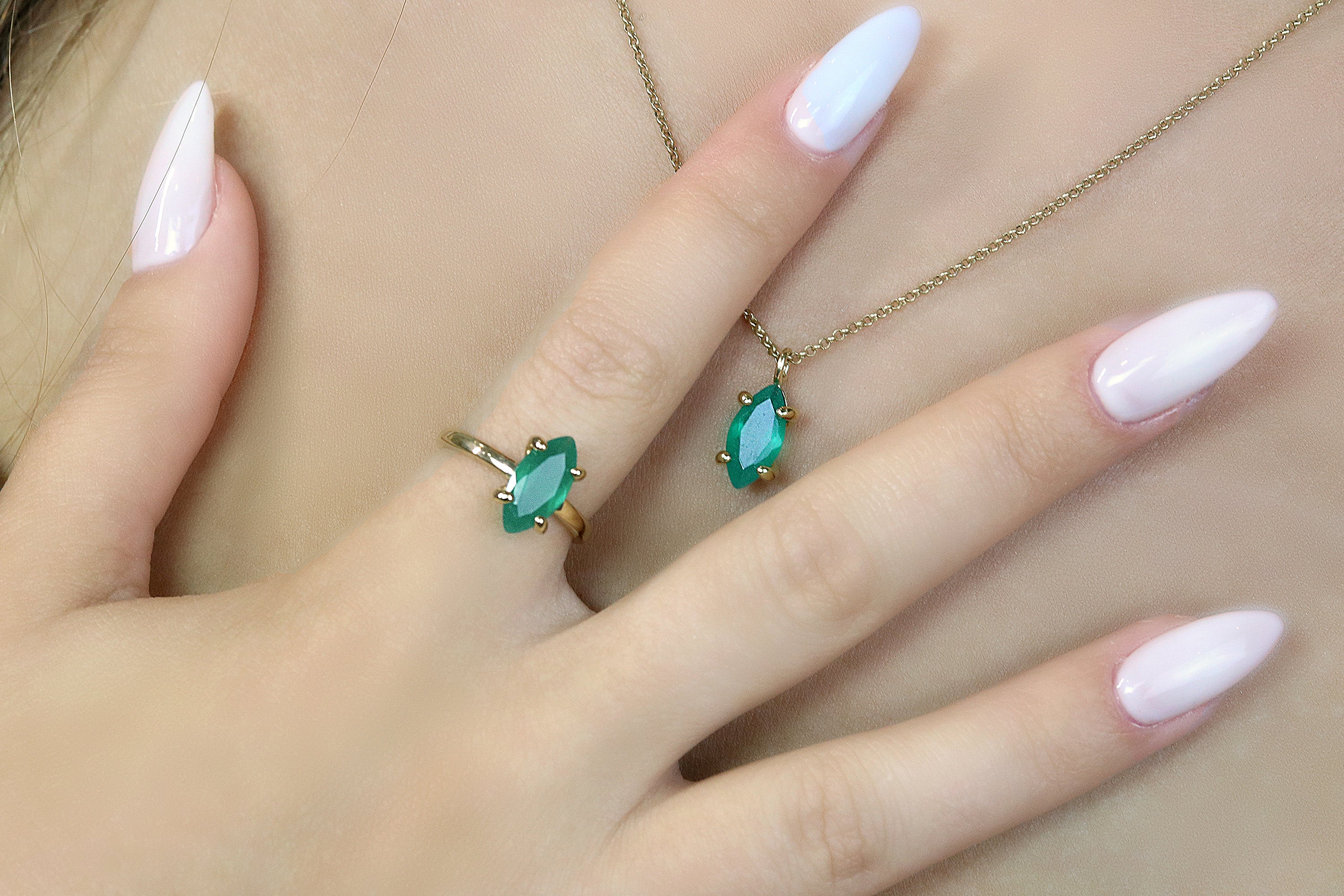 Delicate Pendant Marquise Green Onyx Necklace in Gold necklaces Anemone Unique