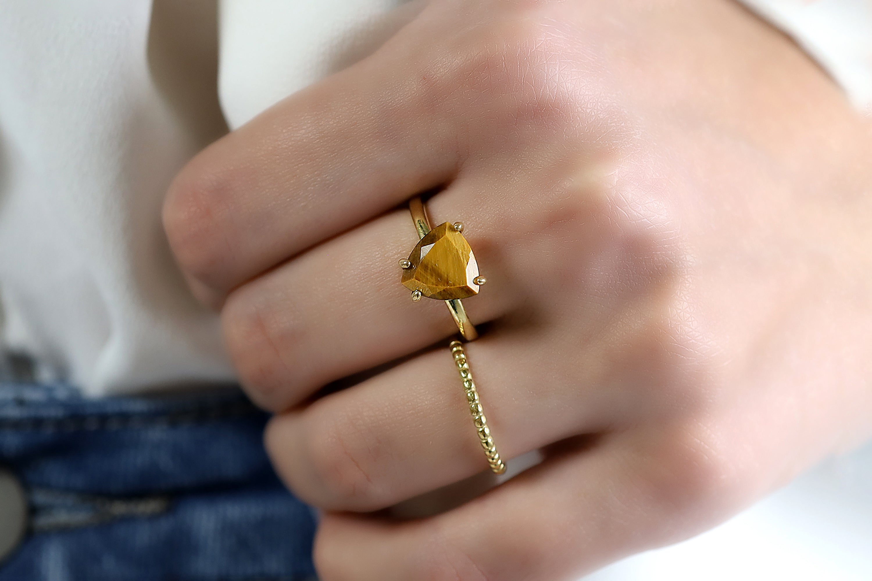 Gold Tiger's Eye Trillion Cut 18k Gold Gemstone Ring Rings Anemone Unique