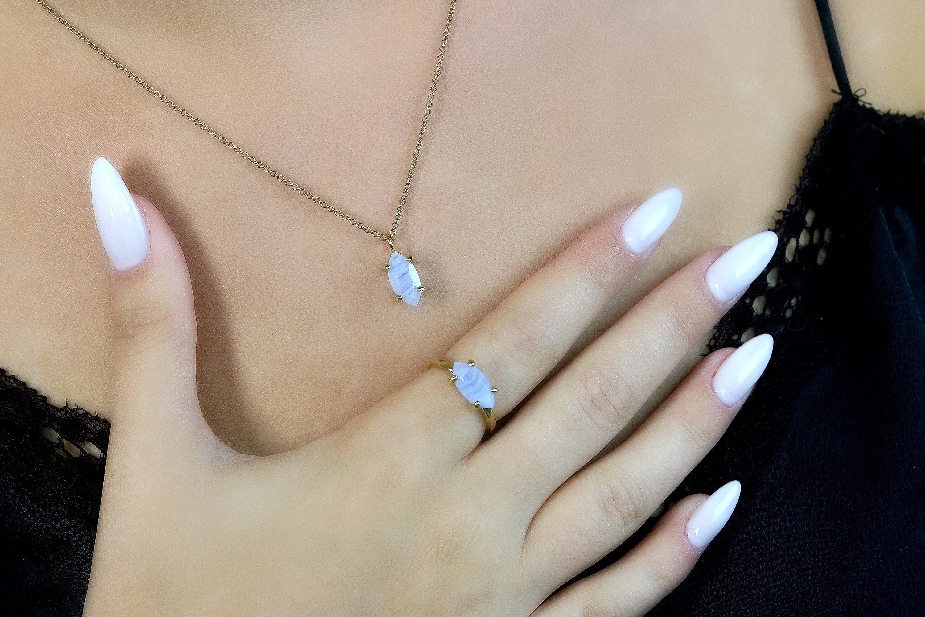 Exquisite Marquise Lace Agate Ring in Gold Rings Anemone Unique