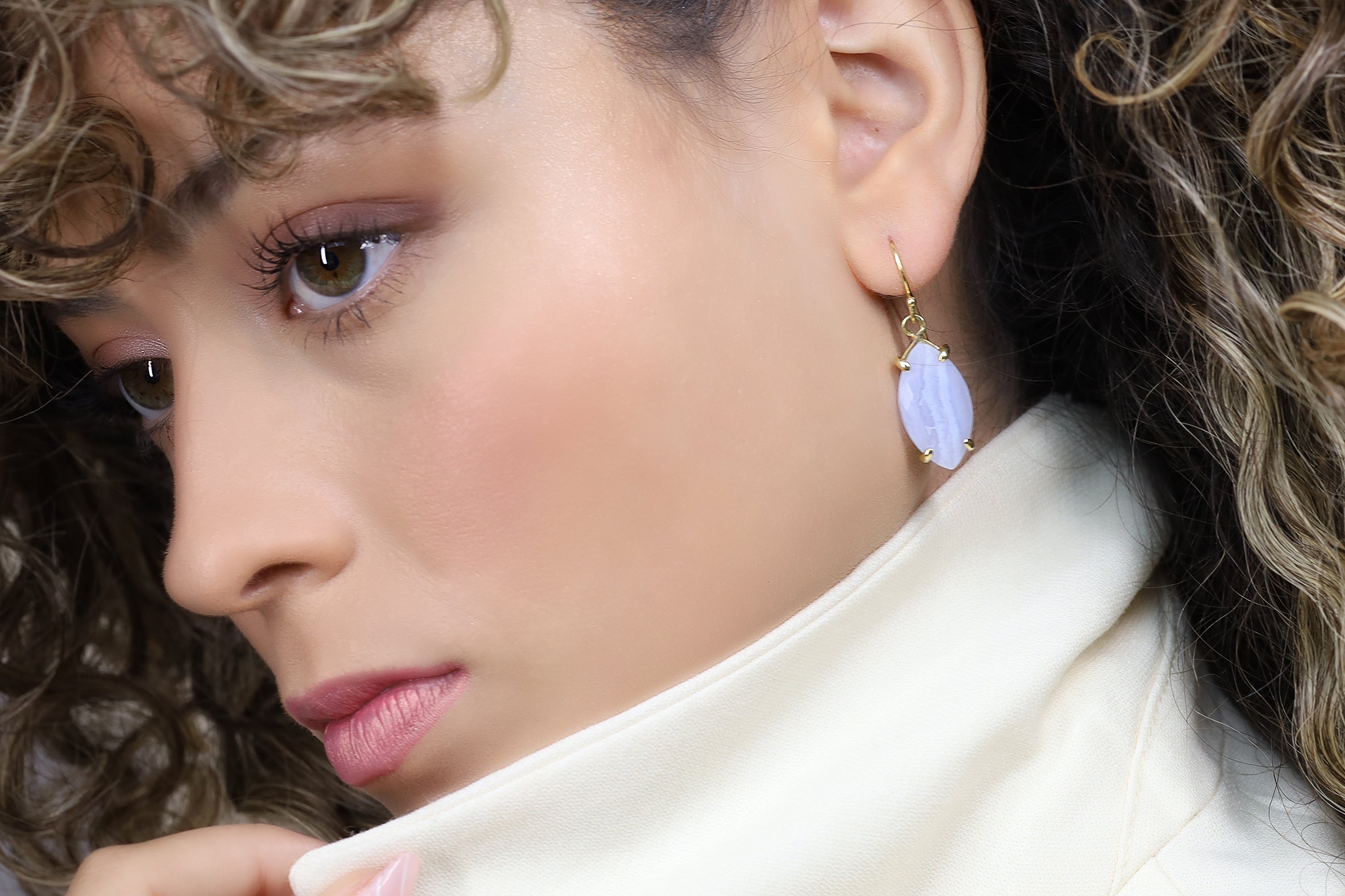 Blue Lace Agate Marquise Cut Gold Dangle Earrings Earrings Anemone Jewelry