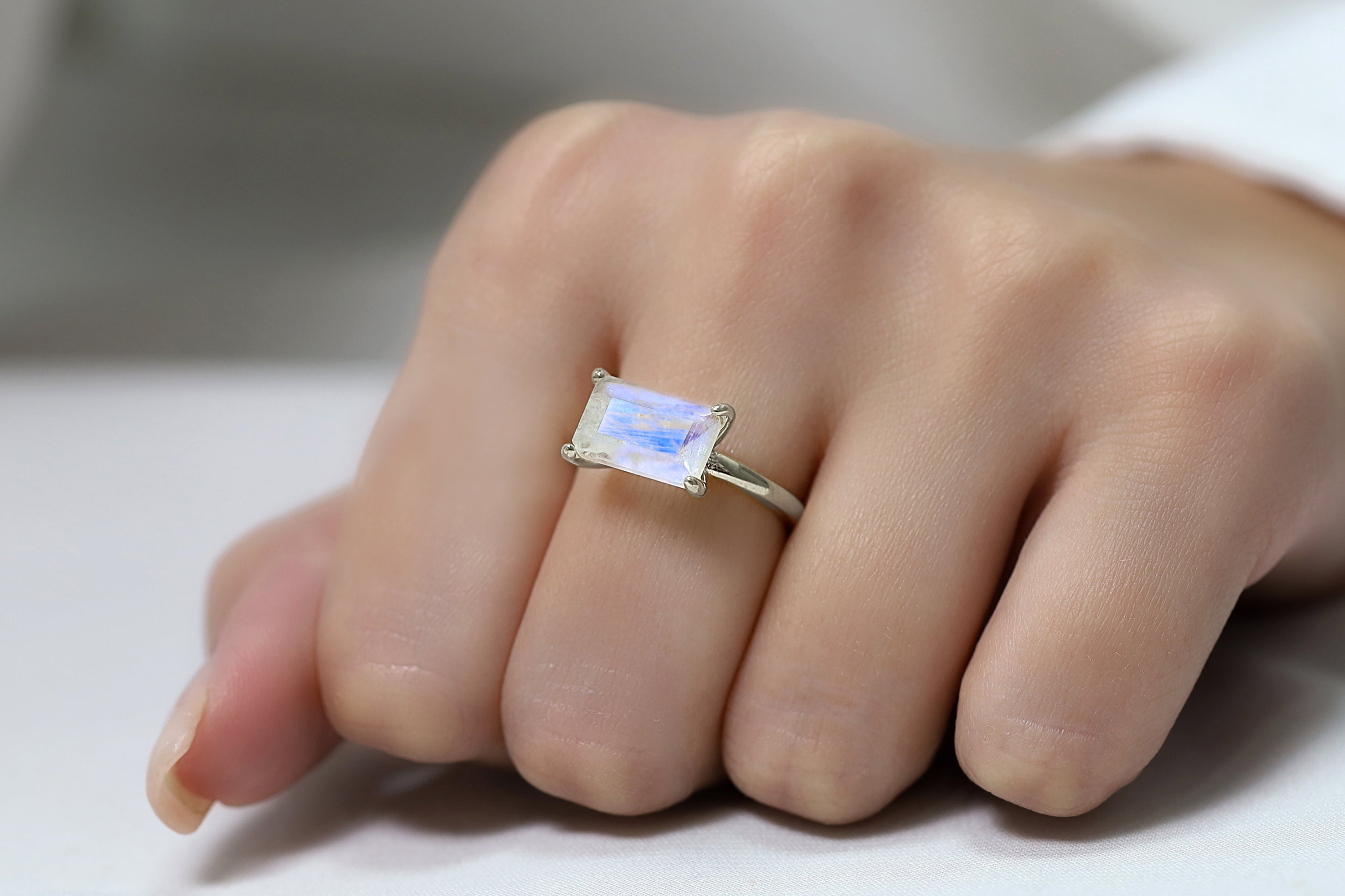Emerald Cut Rainbow Moonstone Solitaire Ring in Sterling Silver Rings Anemone Unique
