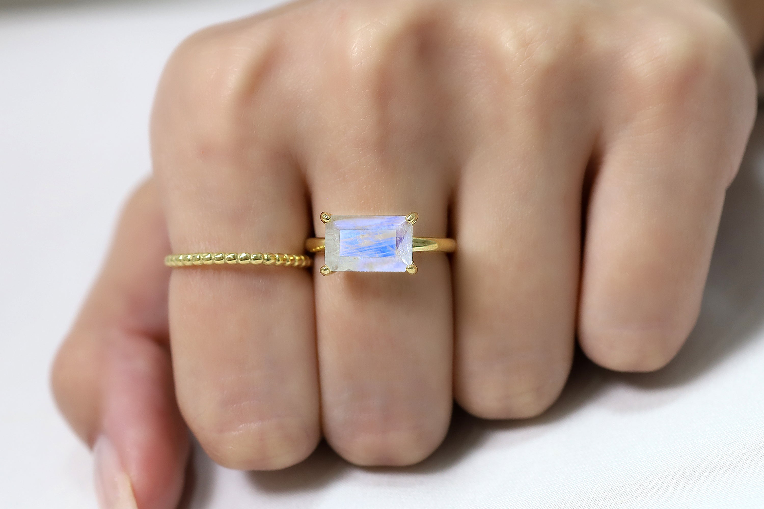 Emerald Cut Rainbow Moonstone Solitaire Ring in Sterling Silver Rings Anemone Unique