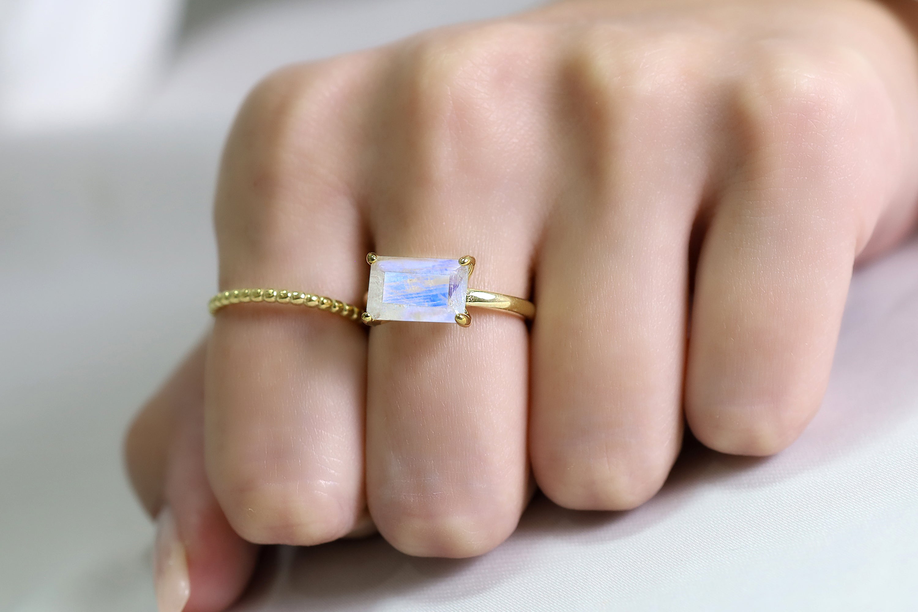 Emerald Cut Rainbow Moonstone Solitaire Ring in Sterling Silver Rings Anemone Unique