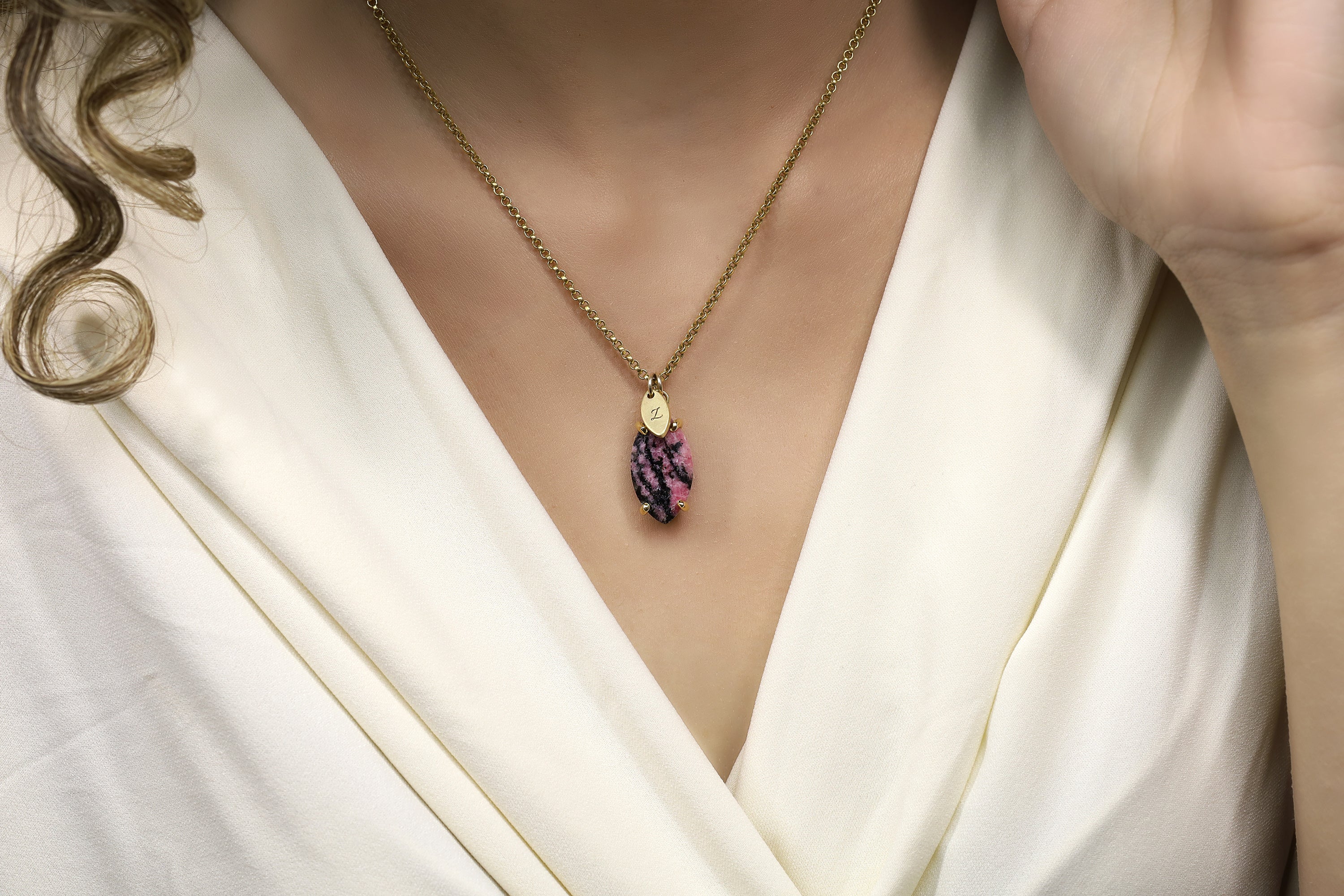 Rhodonite Marquise Gemstone Gold Necklace with Engraved Initials Coin necklaces Anemone Jewelry