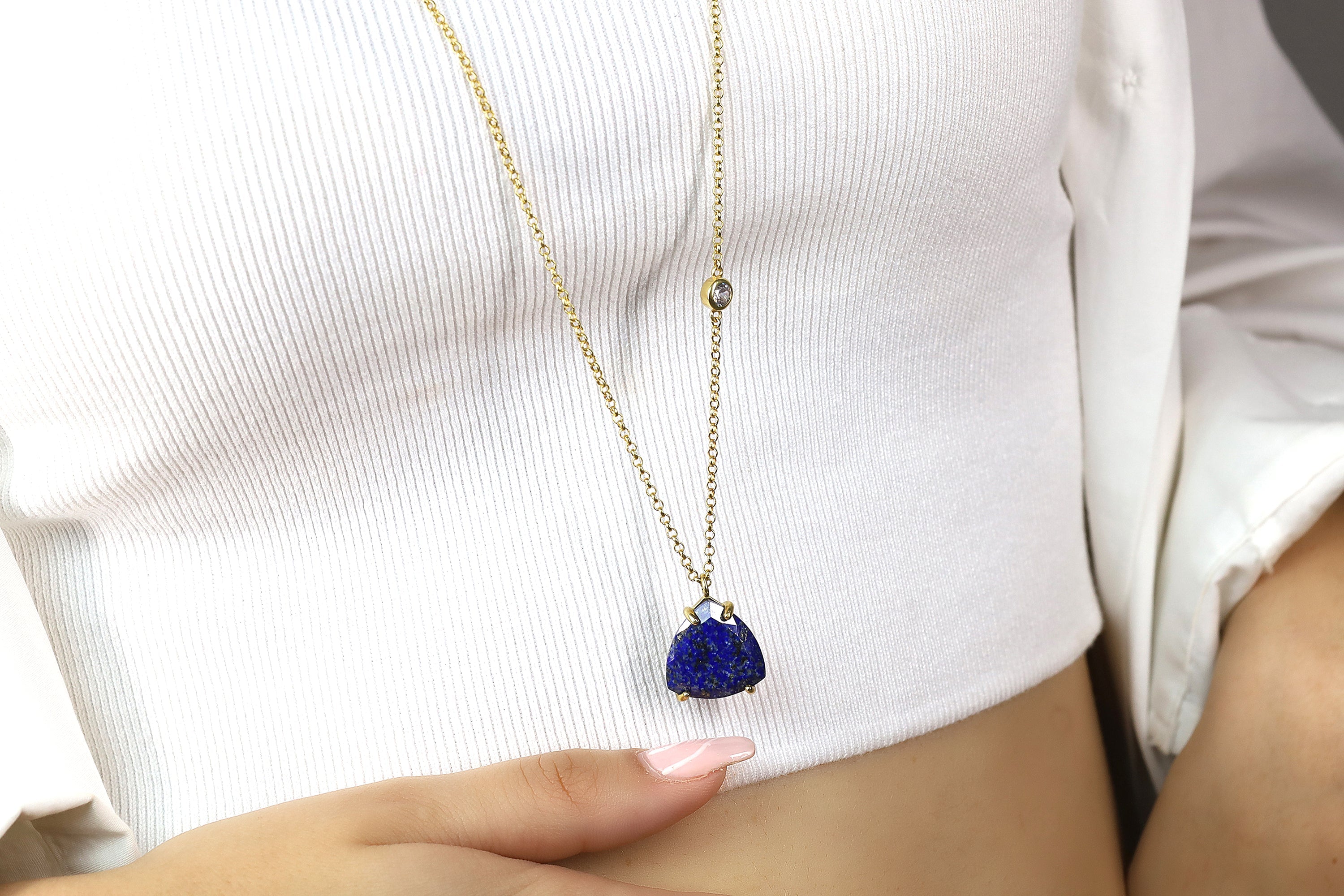 Long Gold Lapis Lazuli Trillion Pendant with Cubic Zirconia Accent necklaces Anemone Jewelry