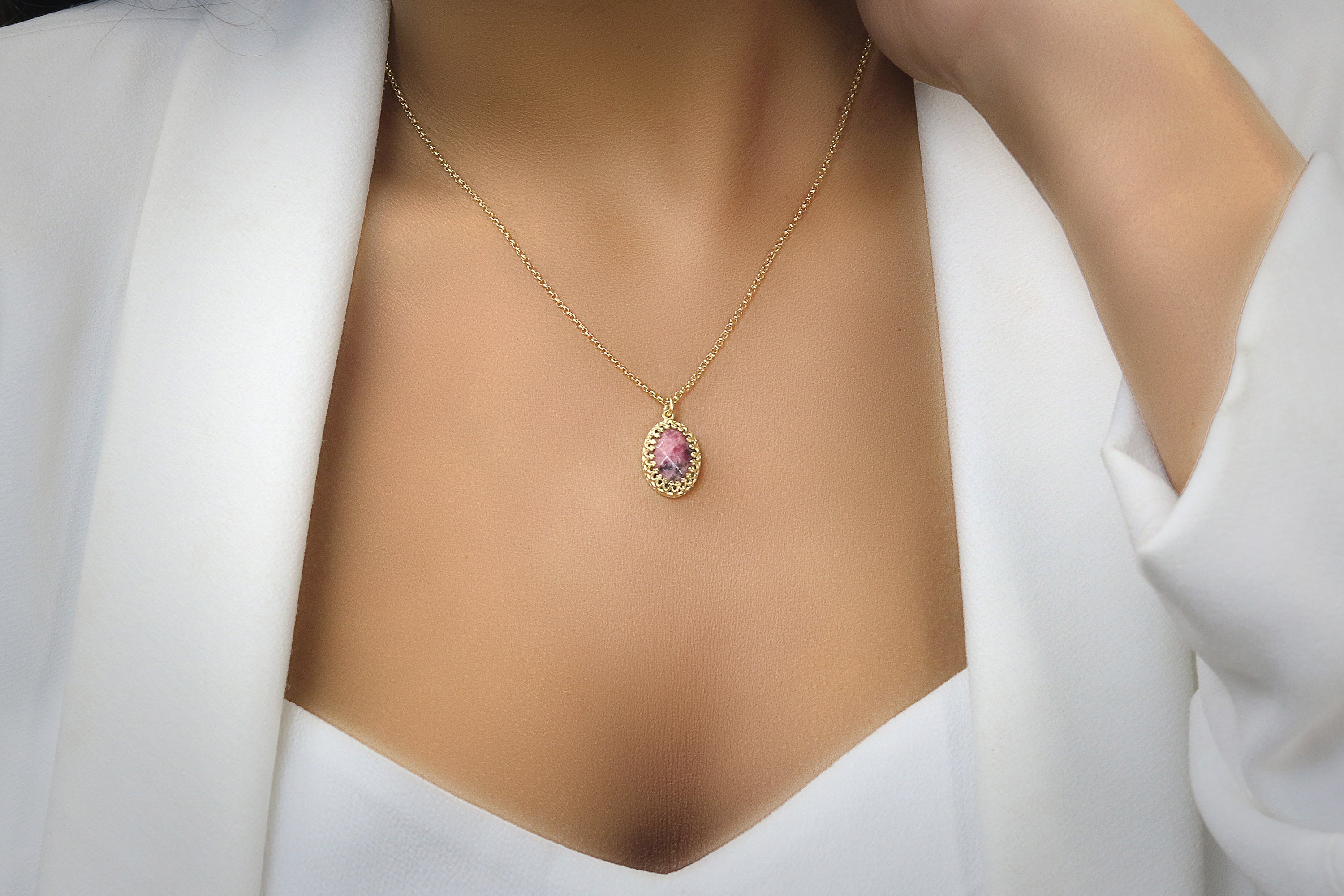 Oval Rhodonite Gold Filled Necklace necklaces Anemone Jewelry