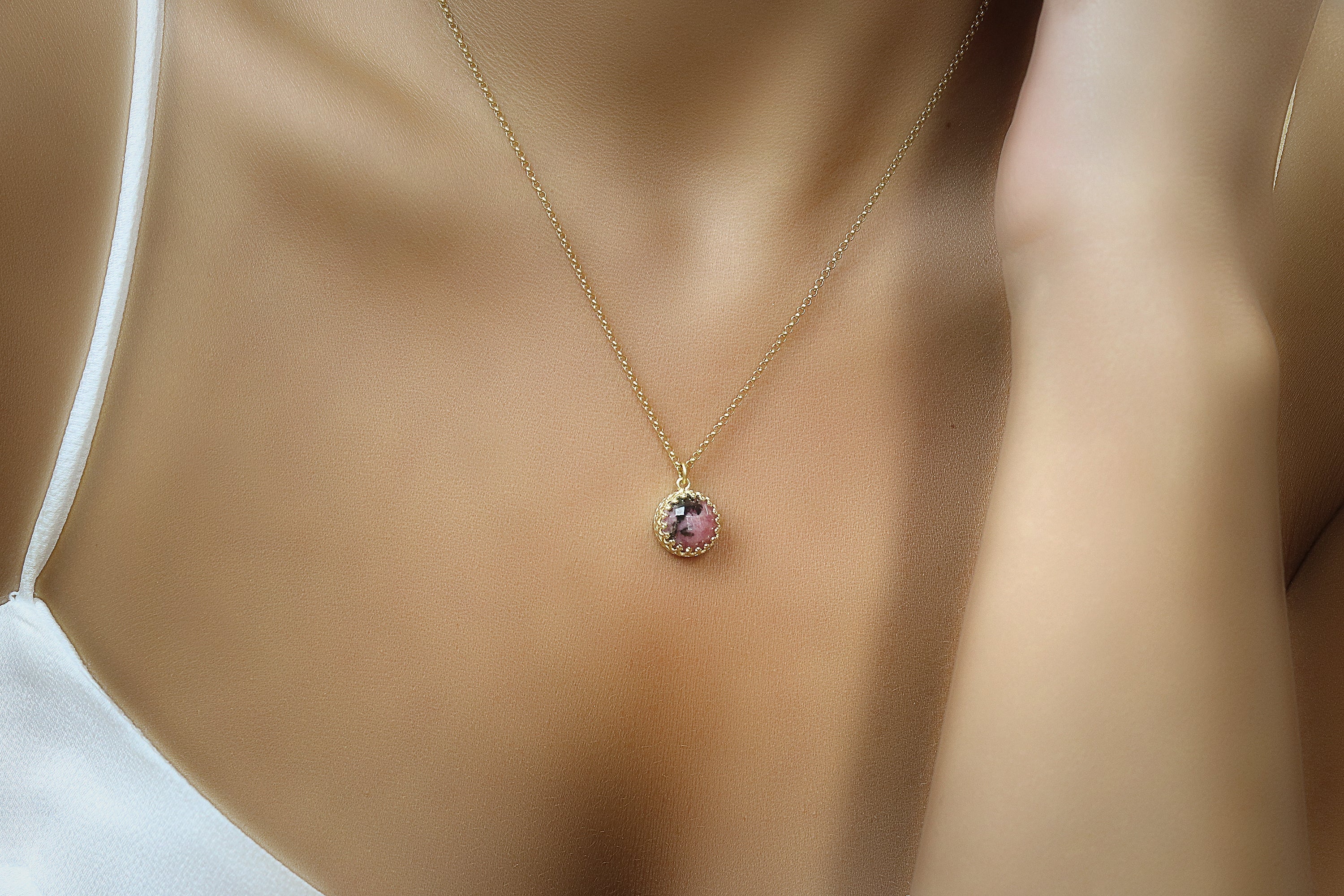 10MM Dainty Rhodonite Necklace in Gold necklaces Anemone Jewelry