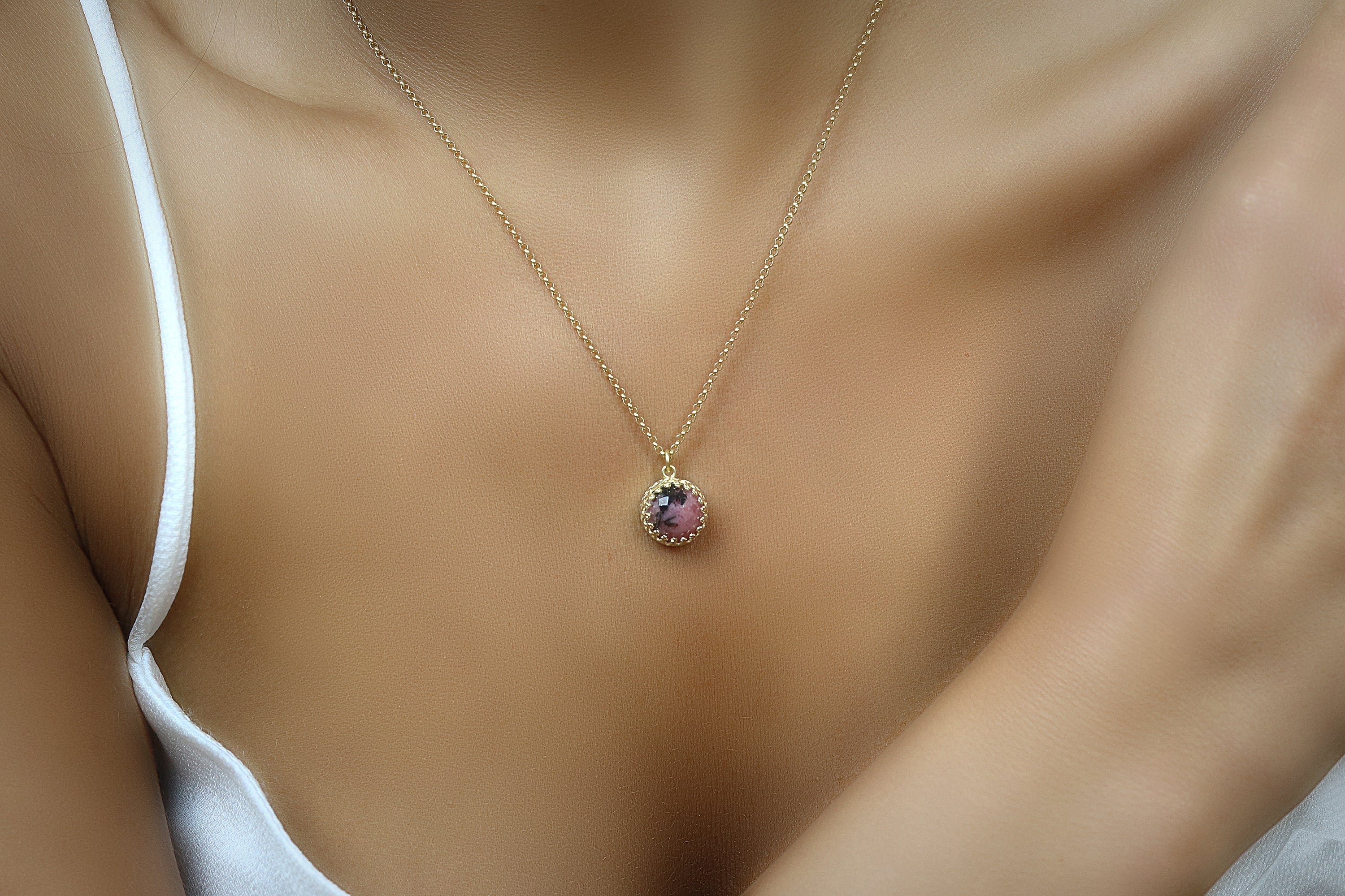 10MM Dainty Rhodonite Necklace in Gold necklaces Anemone Jewelry