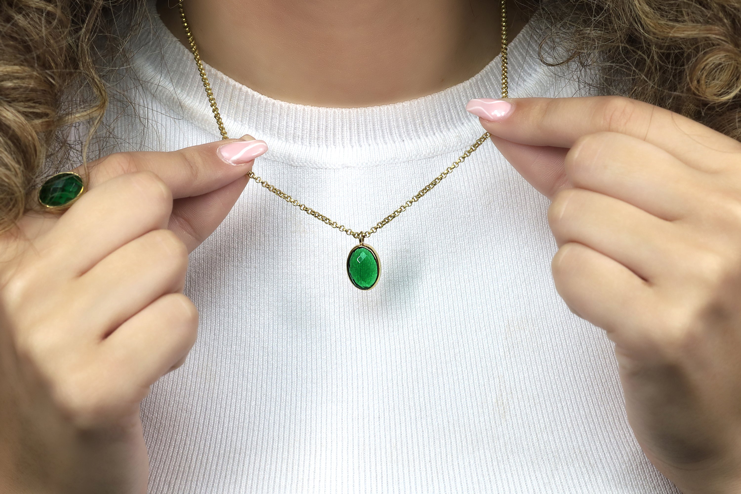 Oval Cut Emerald Bezel Set Gold Pendant Necklace necklaces Anemone Limited