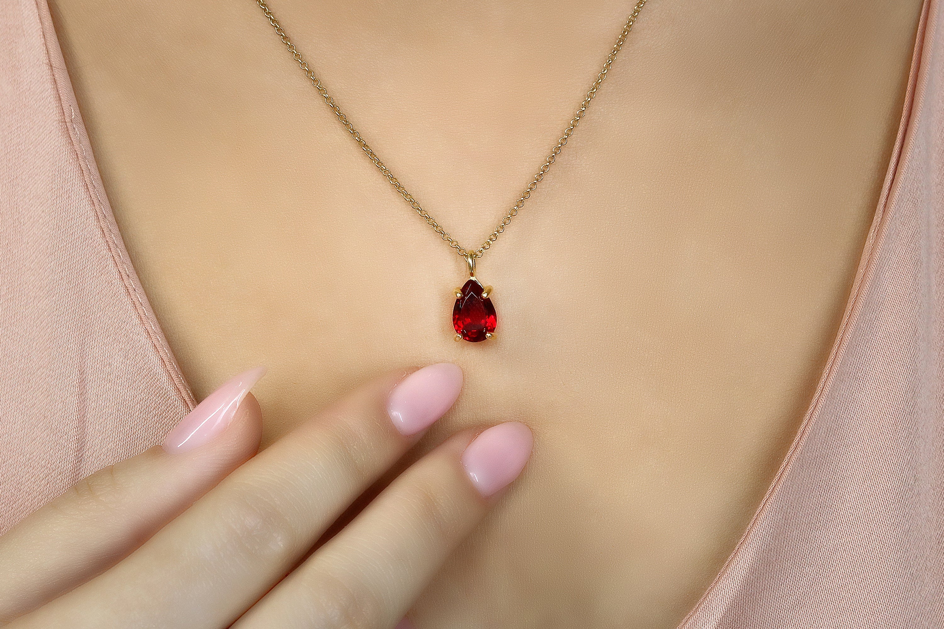 Vibrant Pear Garnet Necklace in Gold necklaces Anemone Unique