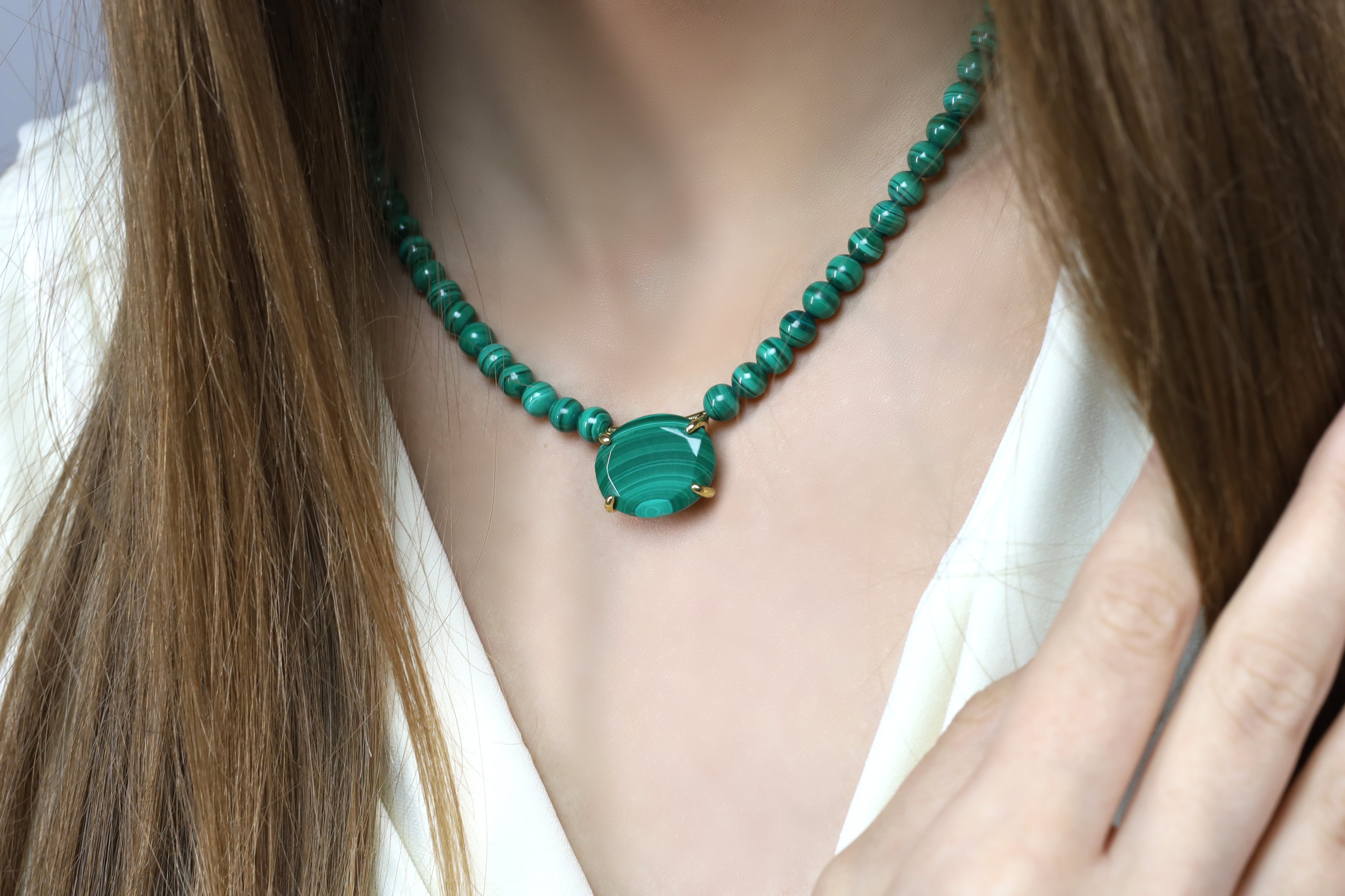 Beaded Malachite Gemstone Gold Necklace necklaces Anemone Jewelry