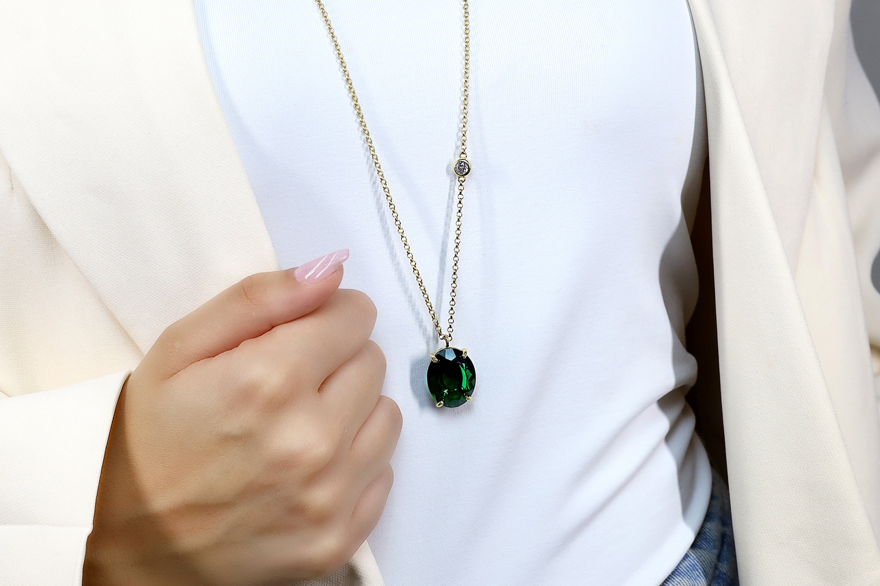 Long Gold Oval Emerald Gemstone Necklace with Cubic Zirconia necklaces Anemone Jewelry