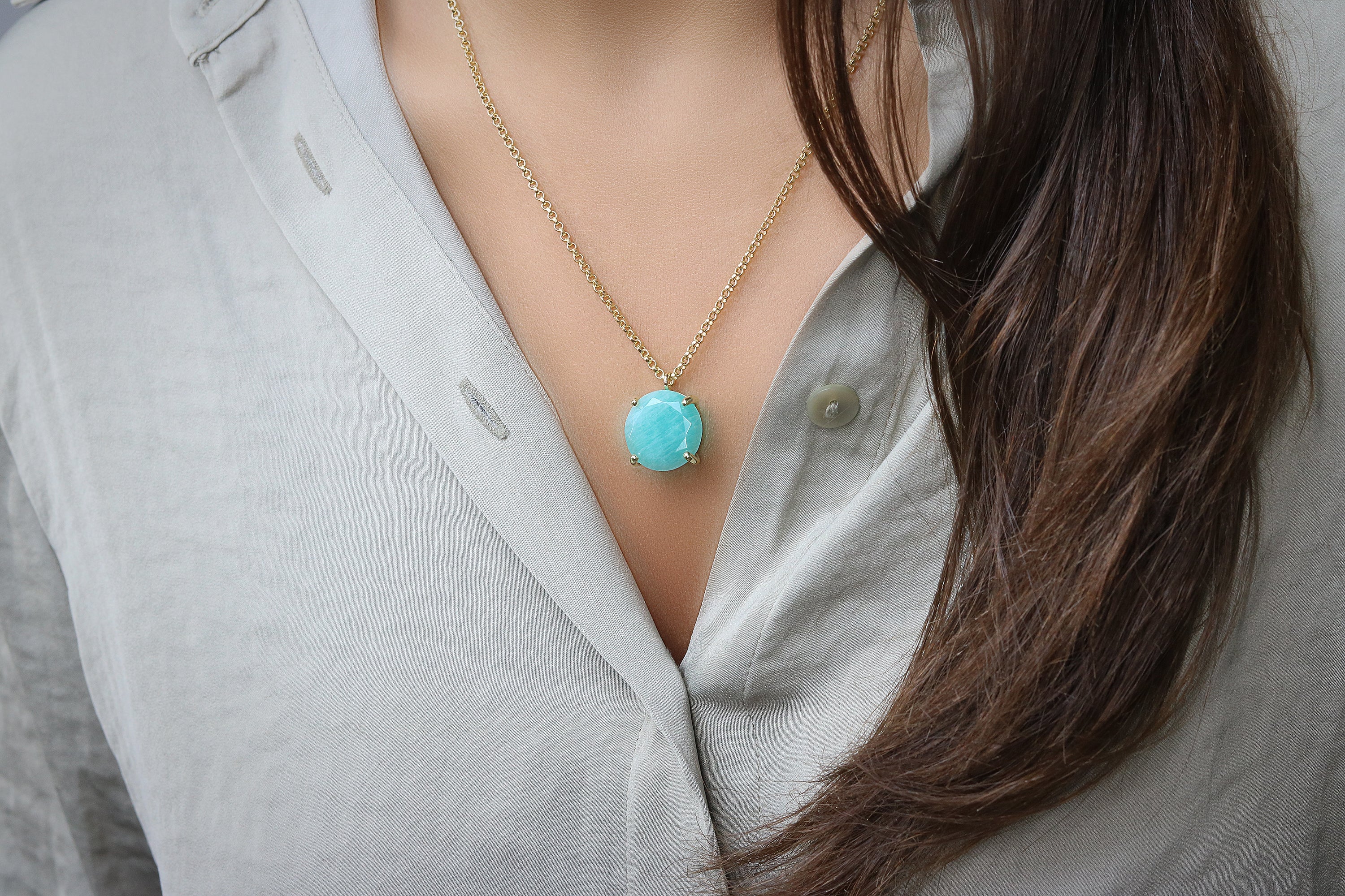 Yellow Gold Necklace with Amazonite Pendant necklaces Anemone Jewelry