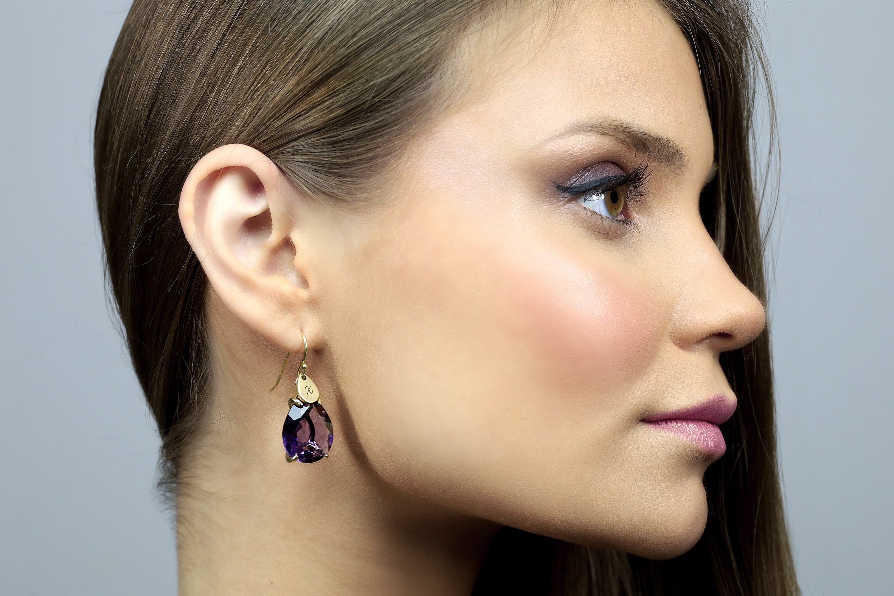 Purple Amethyst Customized Engraved Coin Gold Earrings Earrings Anemone Jewelry