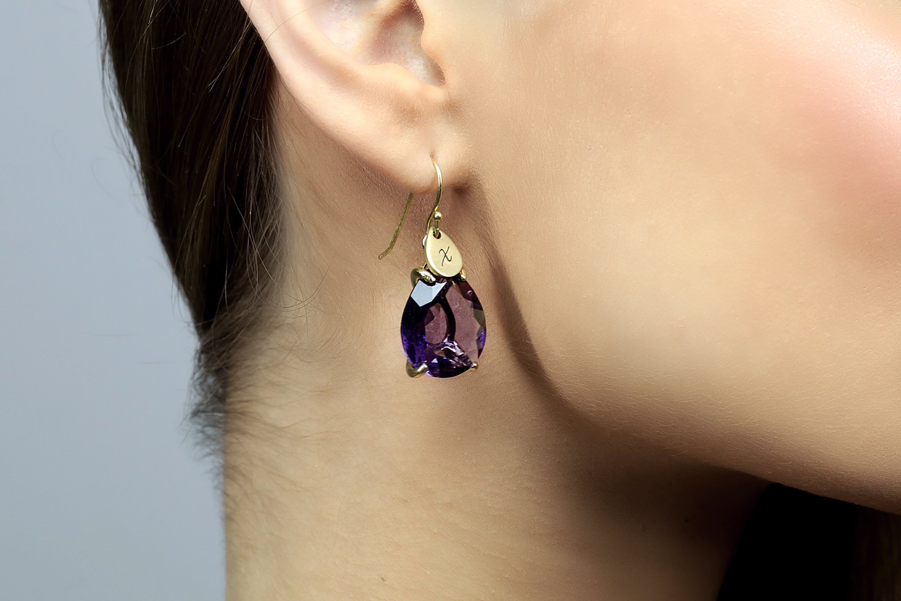 Purple Amethyst Customized Engraved Coin Gold Earrings Earrings Anemone Jewelry