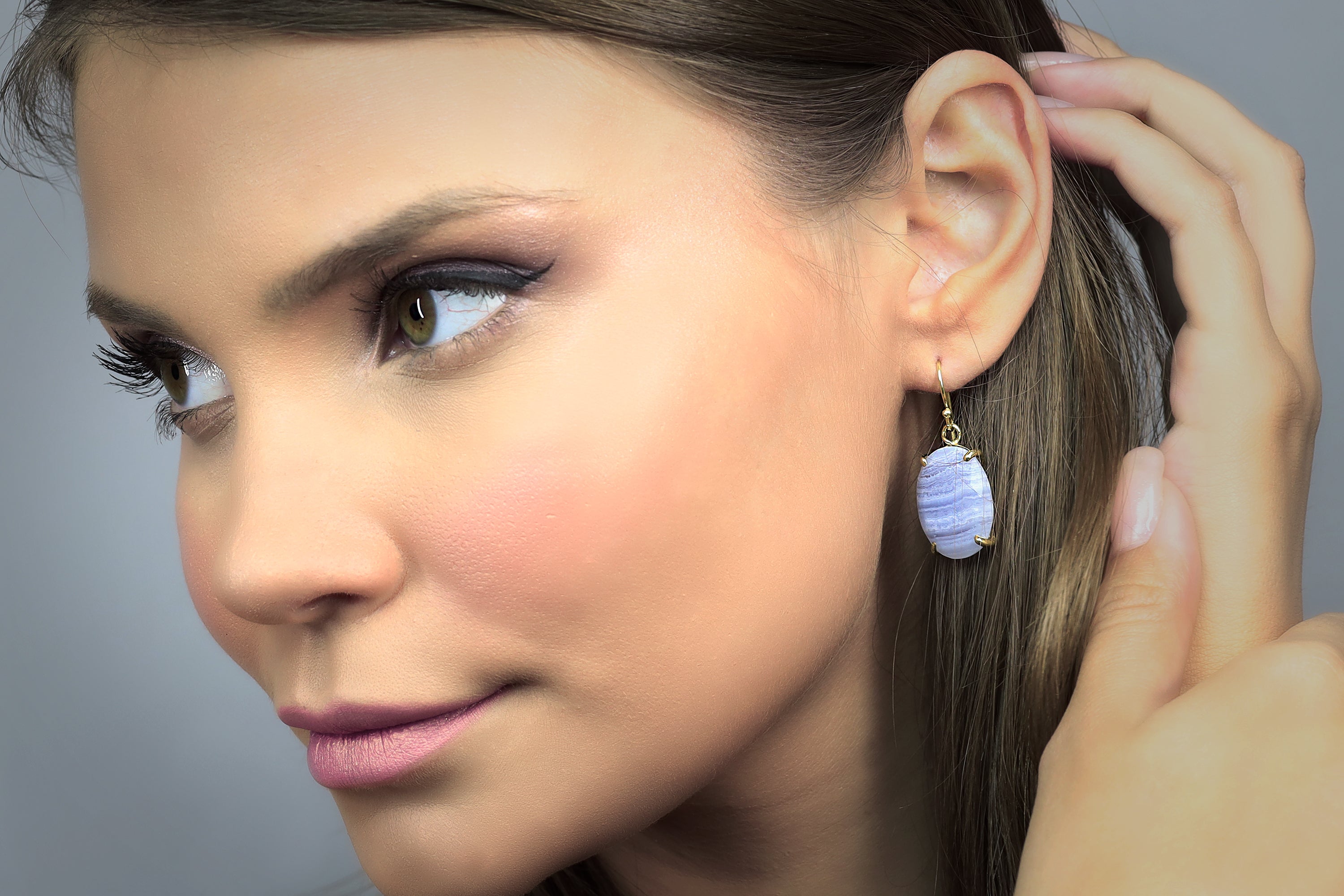 Blue Lace Agate Oval Cut Gemstone Earrings Earrings Anemone Jewelry