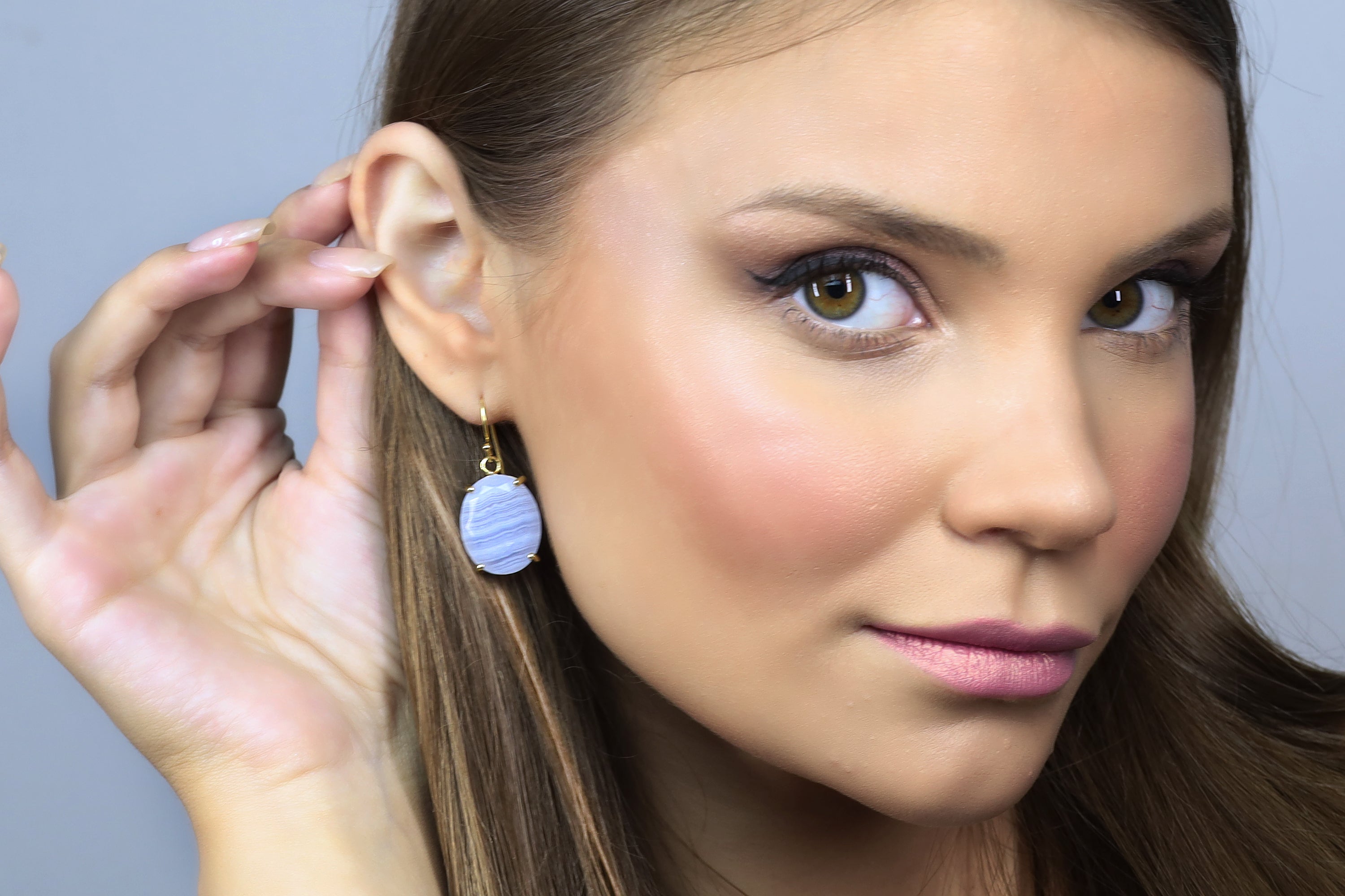 Blue Lace Agate Oval Cut Gemstone Earrings Earrings Anemone Jewelry