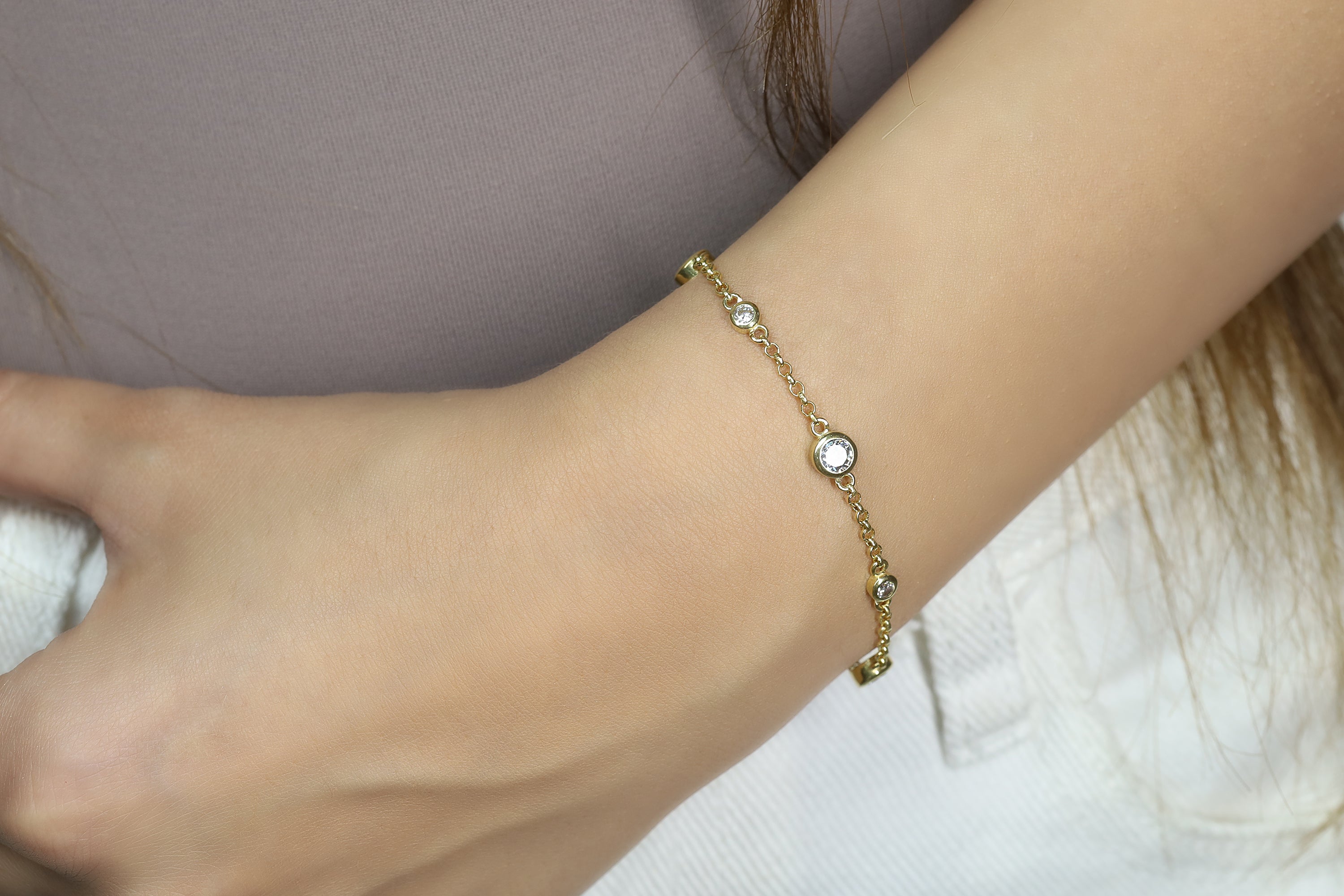 Minimalist Gold Chain Bracelet with Cubic Zirconia Charms Bracelets Anemone Unique