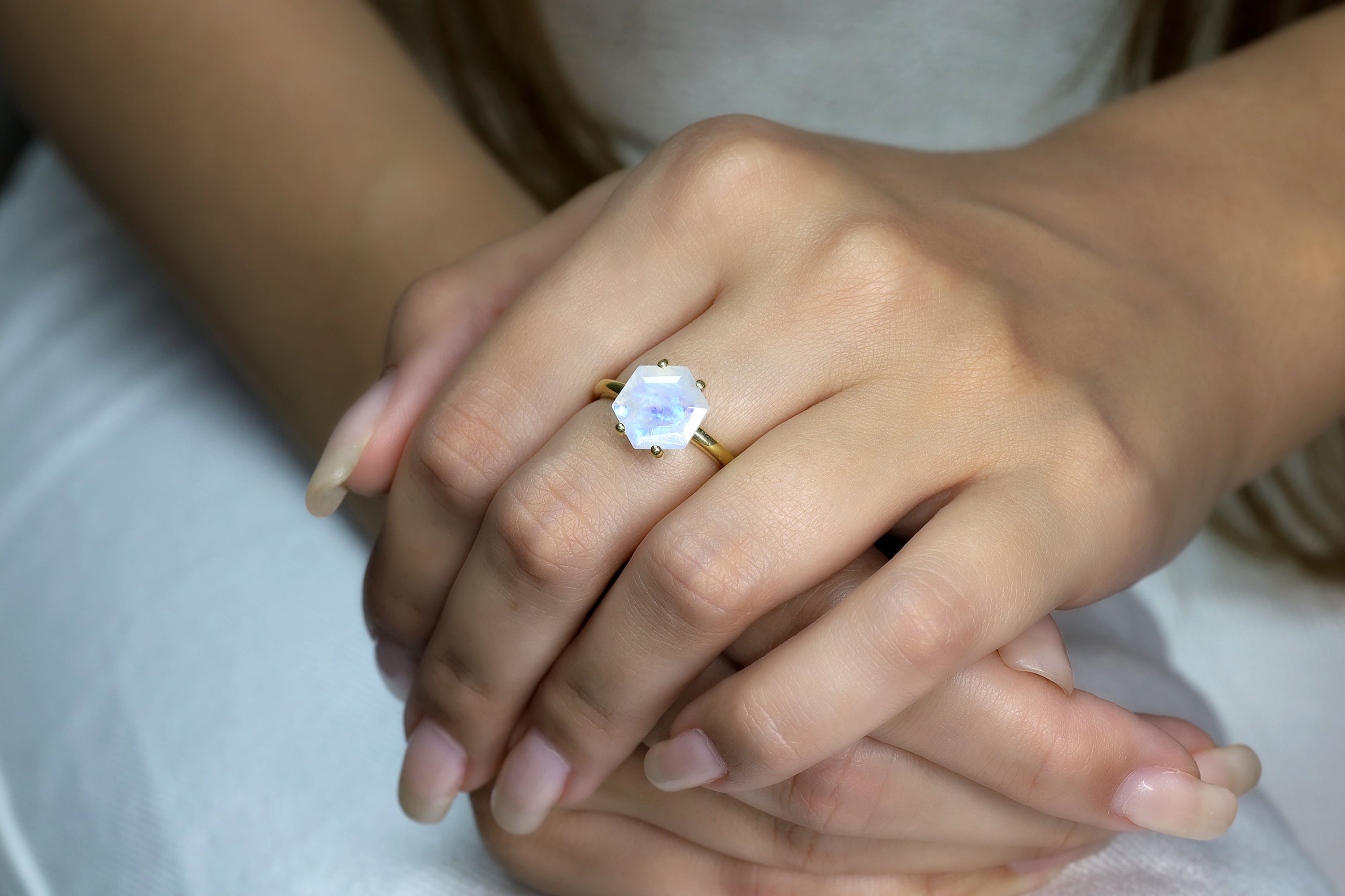 Hexagon Cut Rainbow Moonstone Gold Ring Rings Anemone Unique