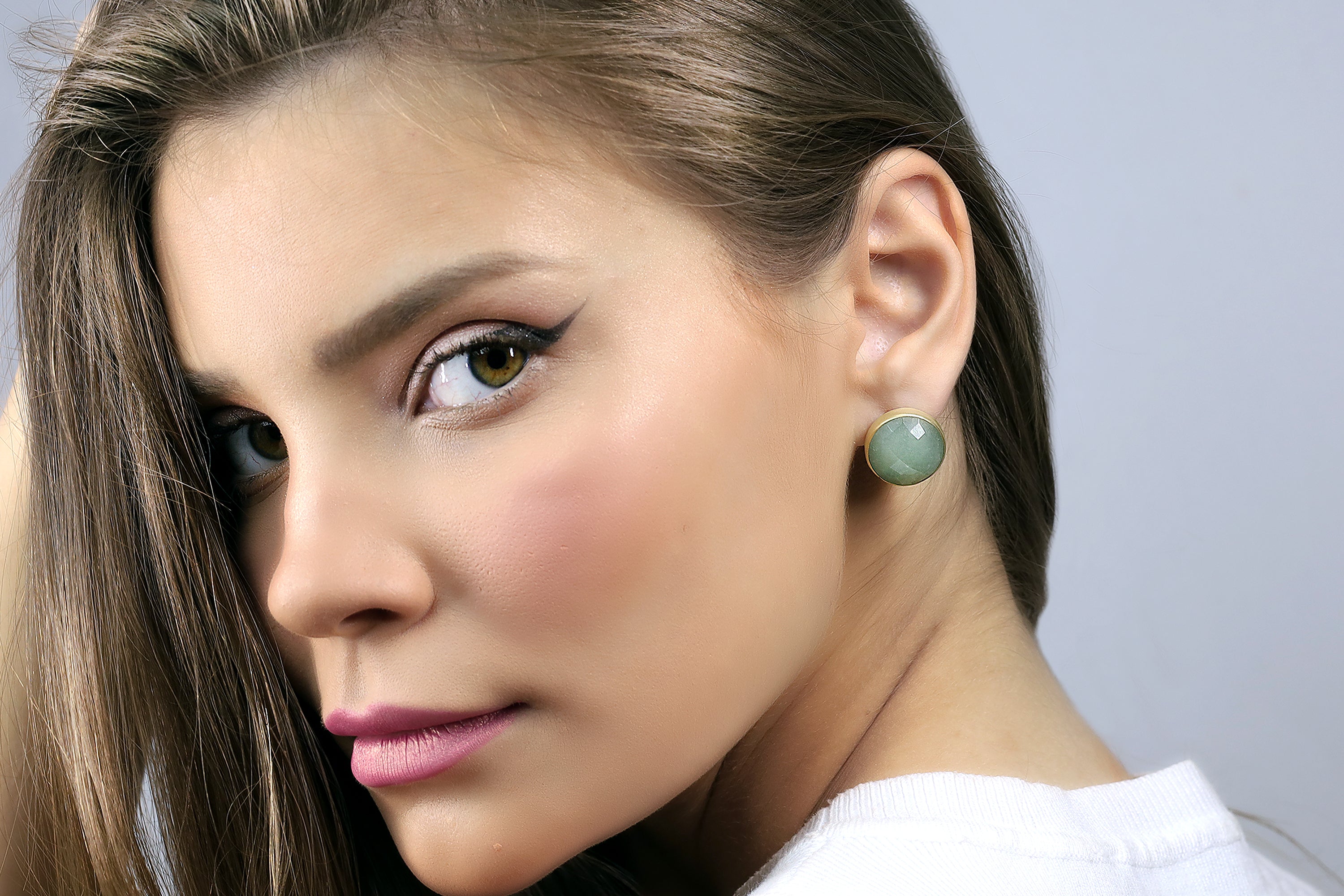 Round Semiprecious Aquamarine Gold Earrings Earrings Anemone Limited