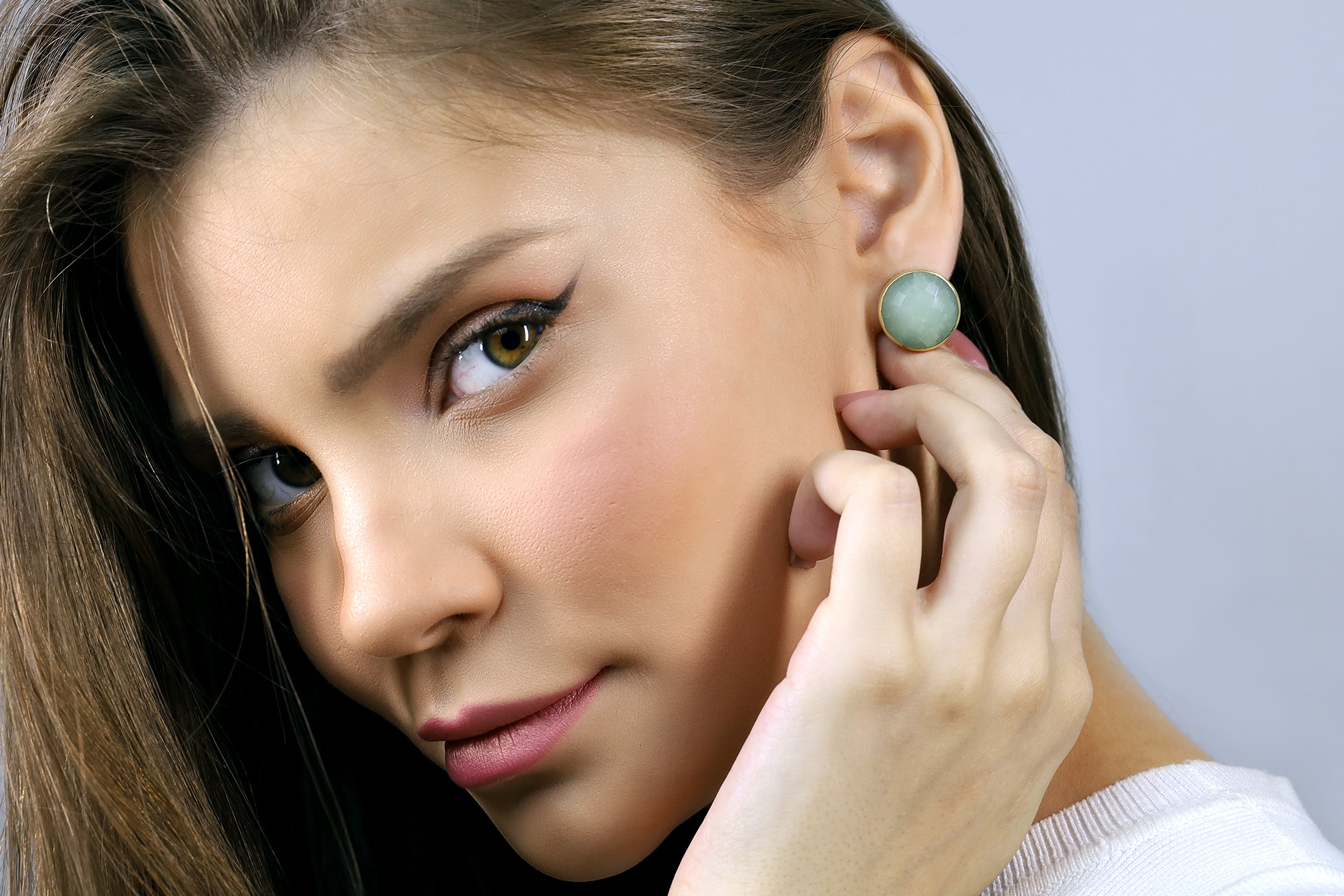 Round Semiprecious Aquamarine Gold Earrings Earrings Anemone Limited