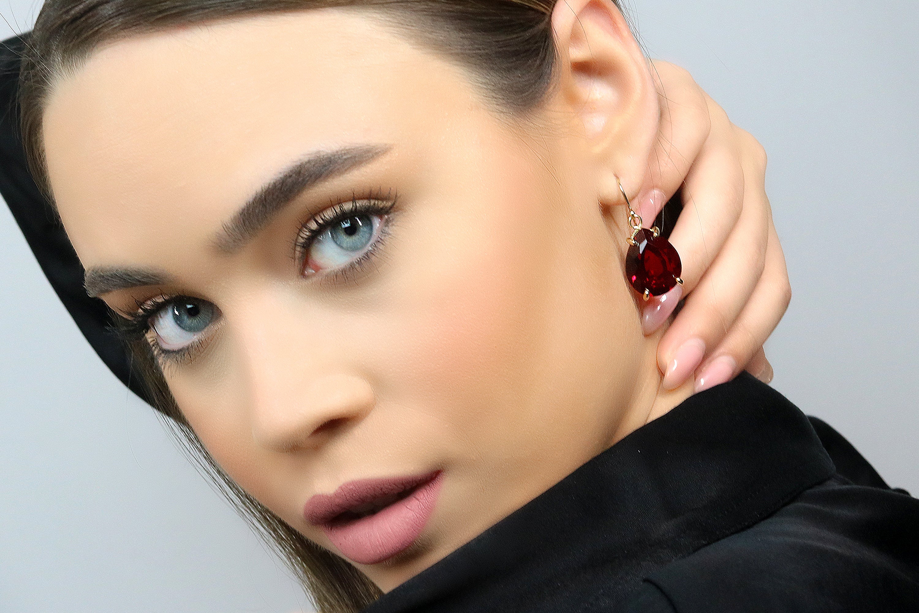 Dangling Pear Shaped Garnet Earrings in Gold Earrings Anemone Jewelry