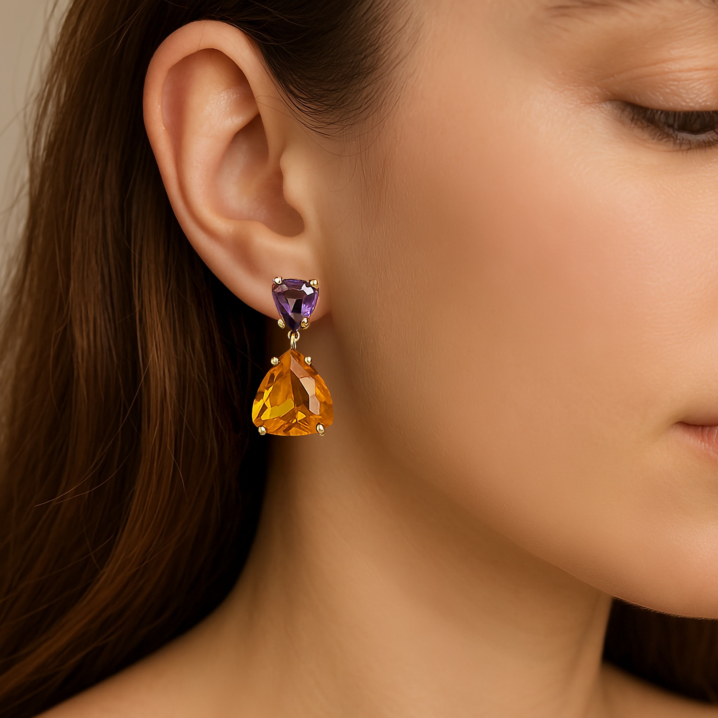 Trillion Amethyst Citrine Gold Dangle Earrings Earrings Anemone Jewelry