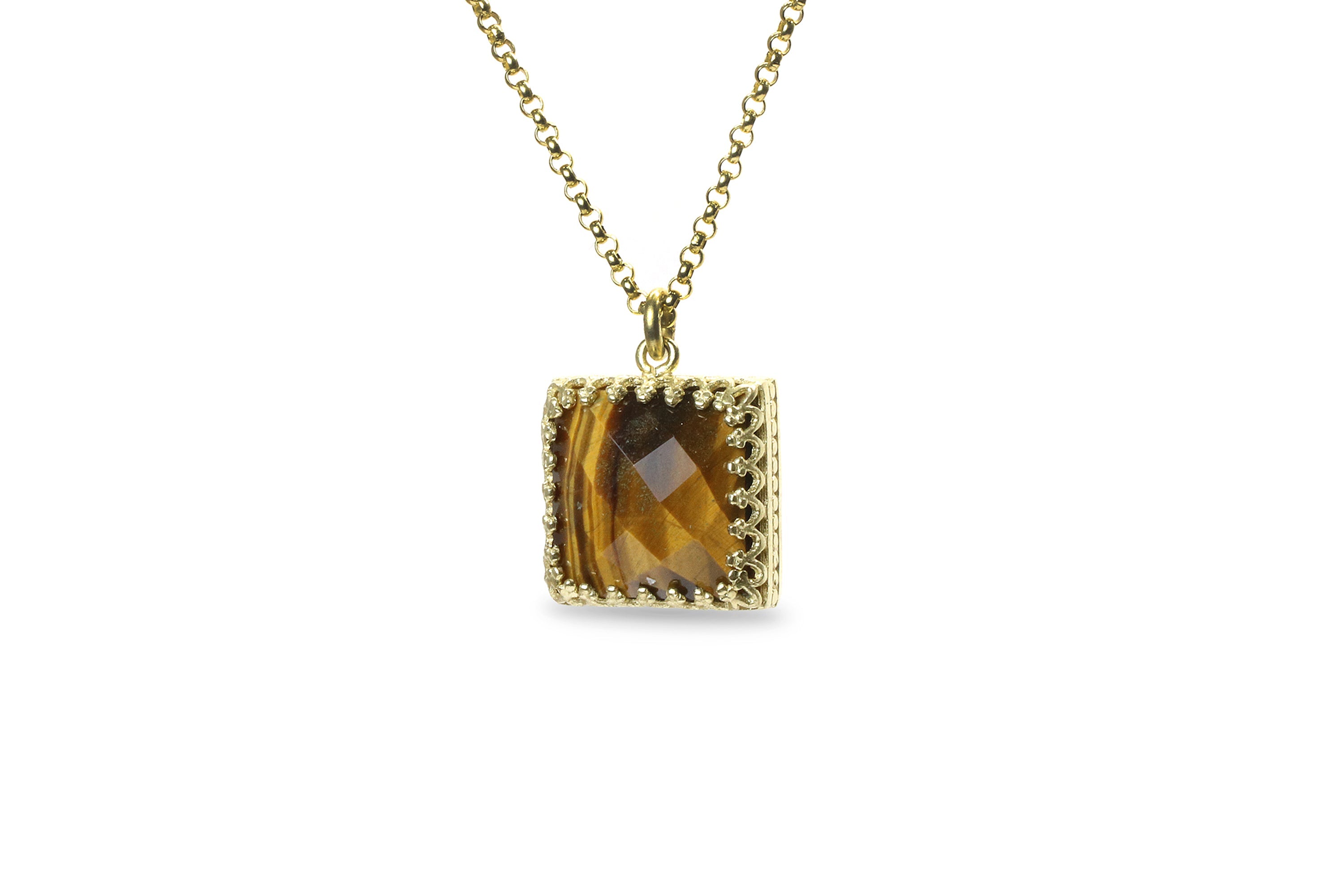 14k Gold Square Cut Tiger Eye Necklace necklaces Anemone Jewelry