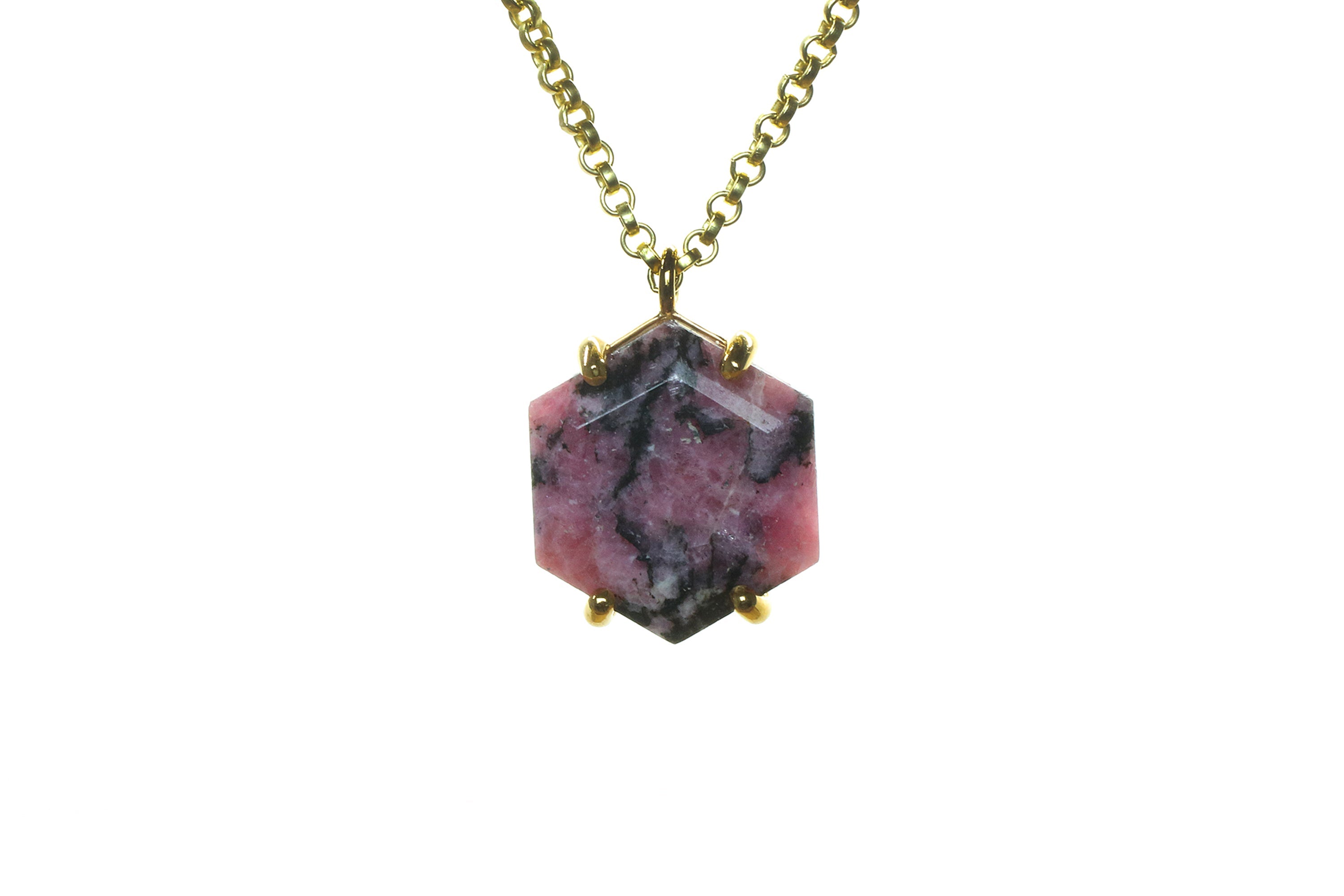Large Hexagon Rhodonite Necklace in Gold necklaces Anemone Jewelry