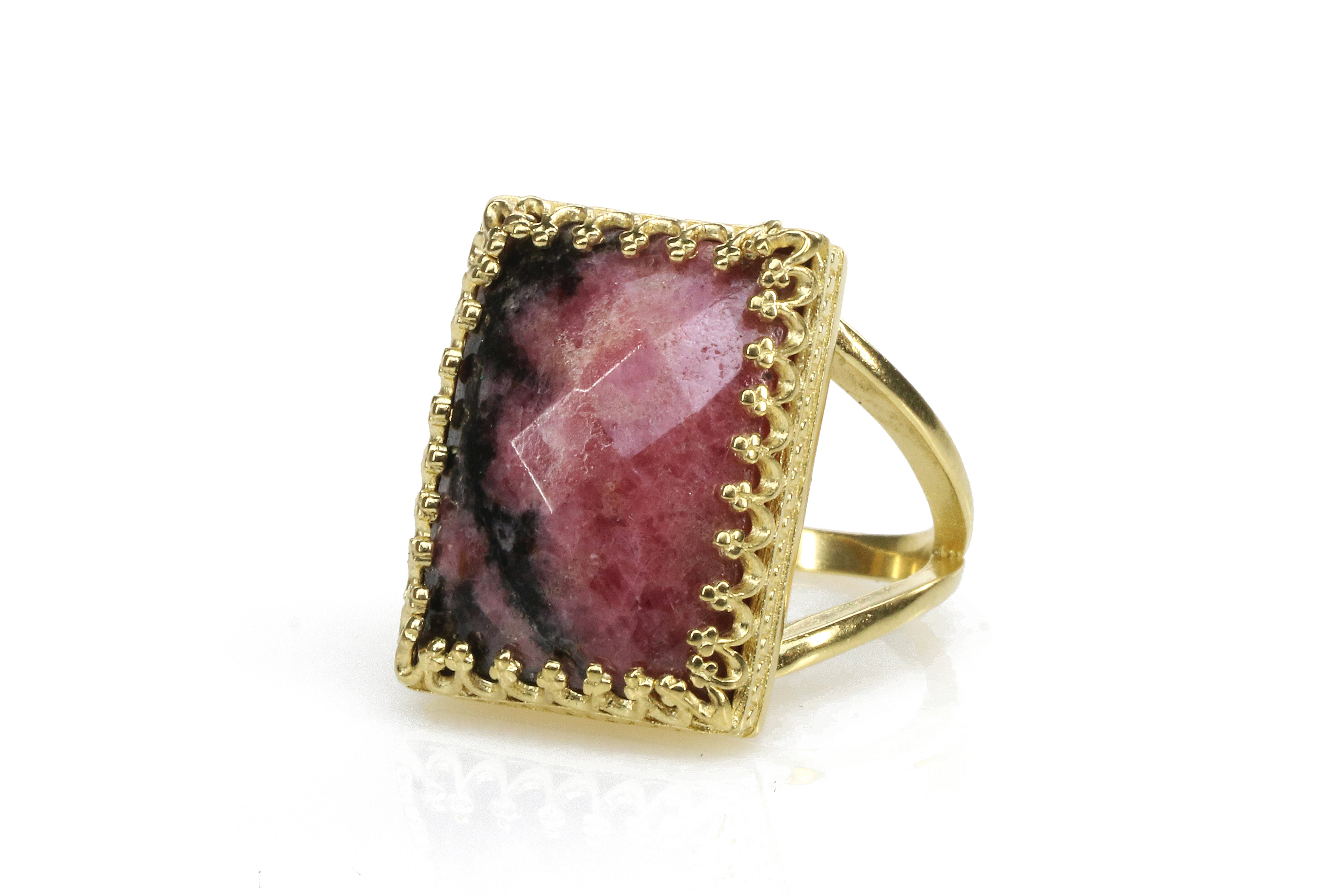Statement Rectangle Cut Rhodonite 14k Gold Ring Rings Anemone Jewelry