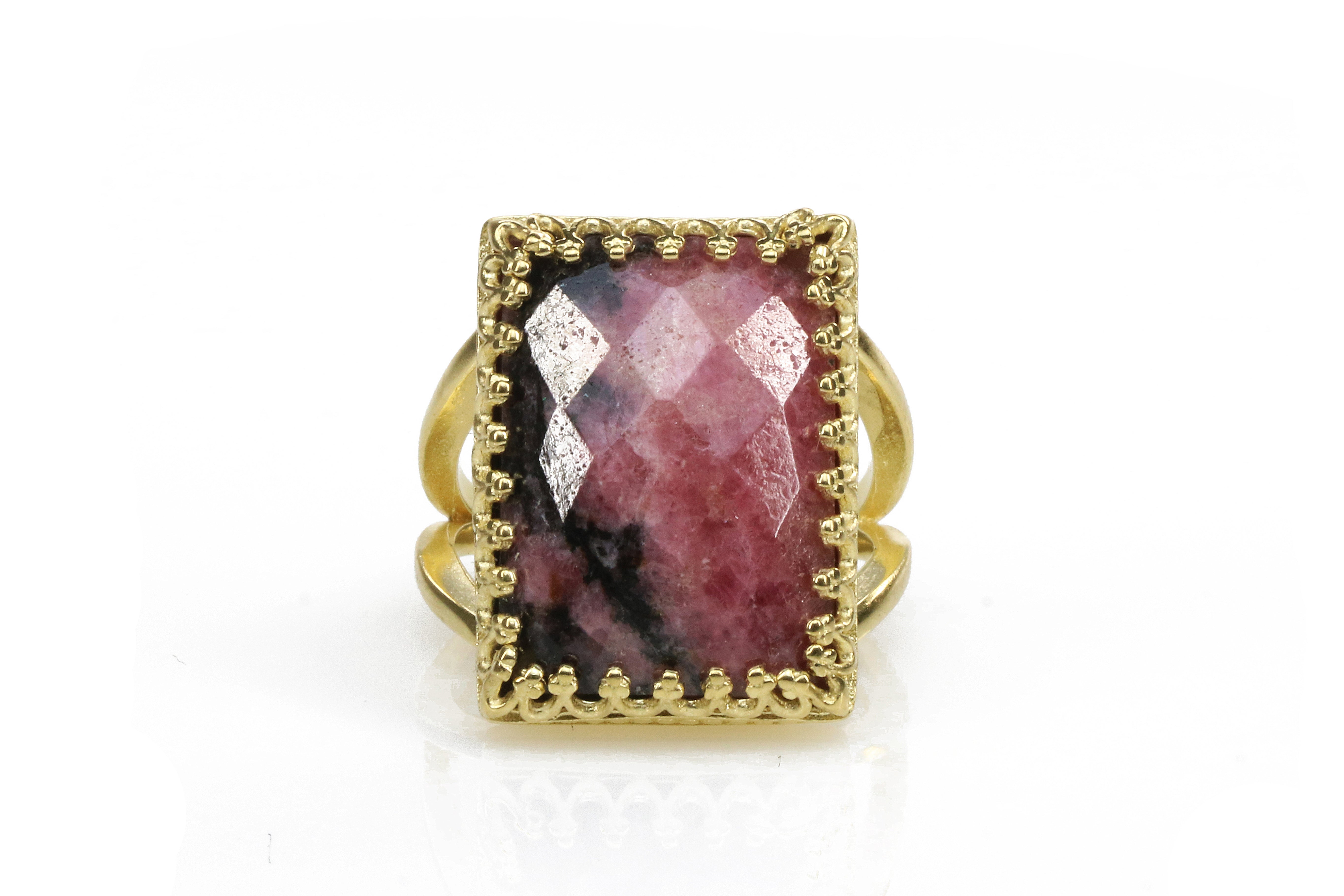 Statement Rectangle Cut Rhodonite 14k Gold Ring Rings Anemone Jewelry