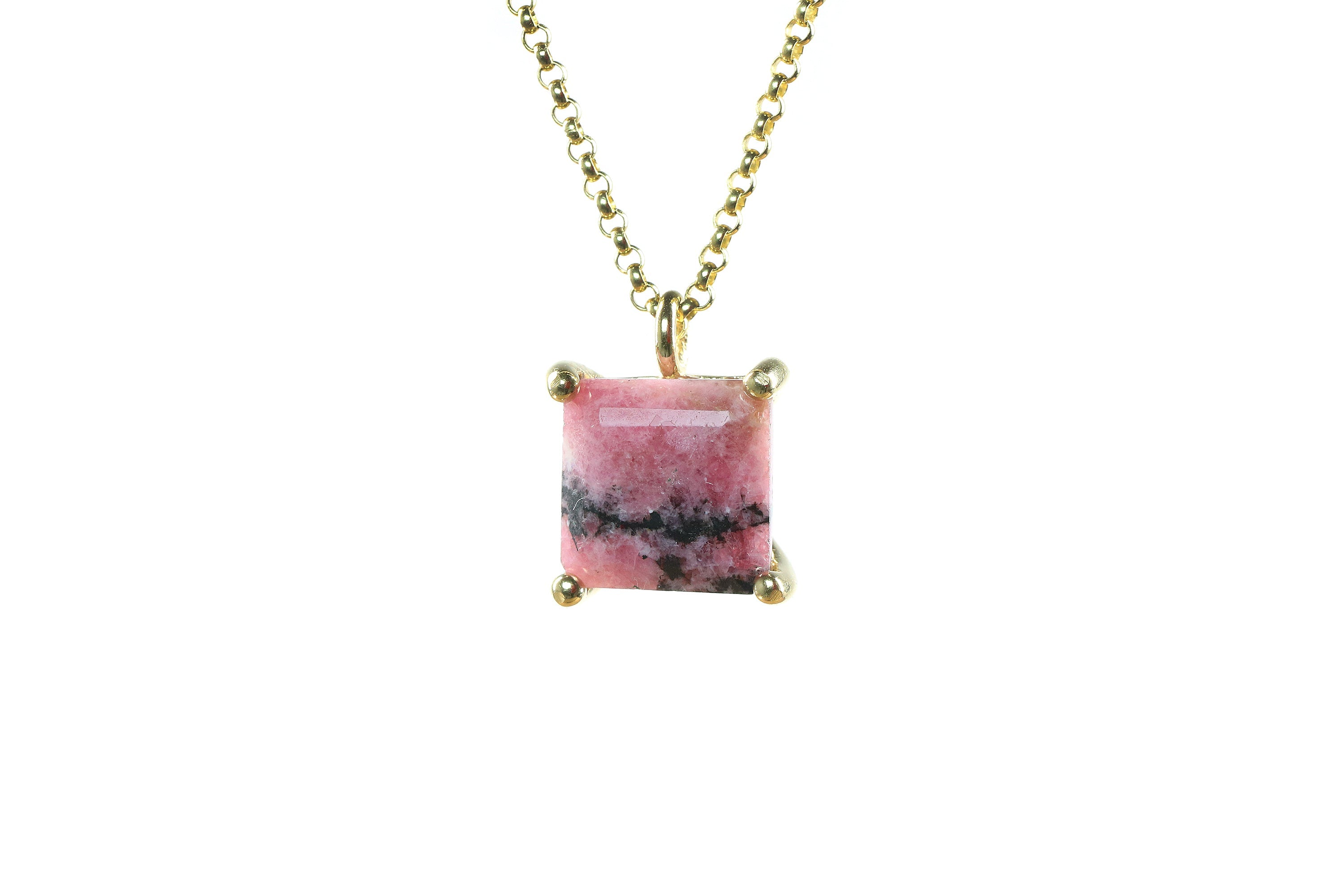 Square Rhodonite Pendant Necklace in Gold necklaces Anemone Unique