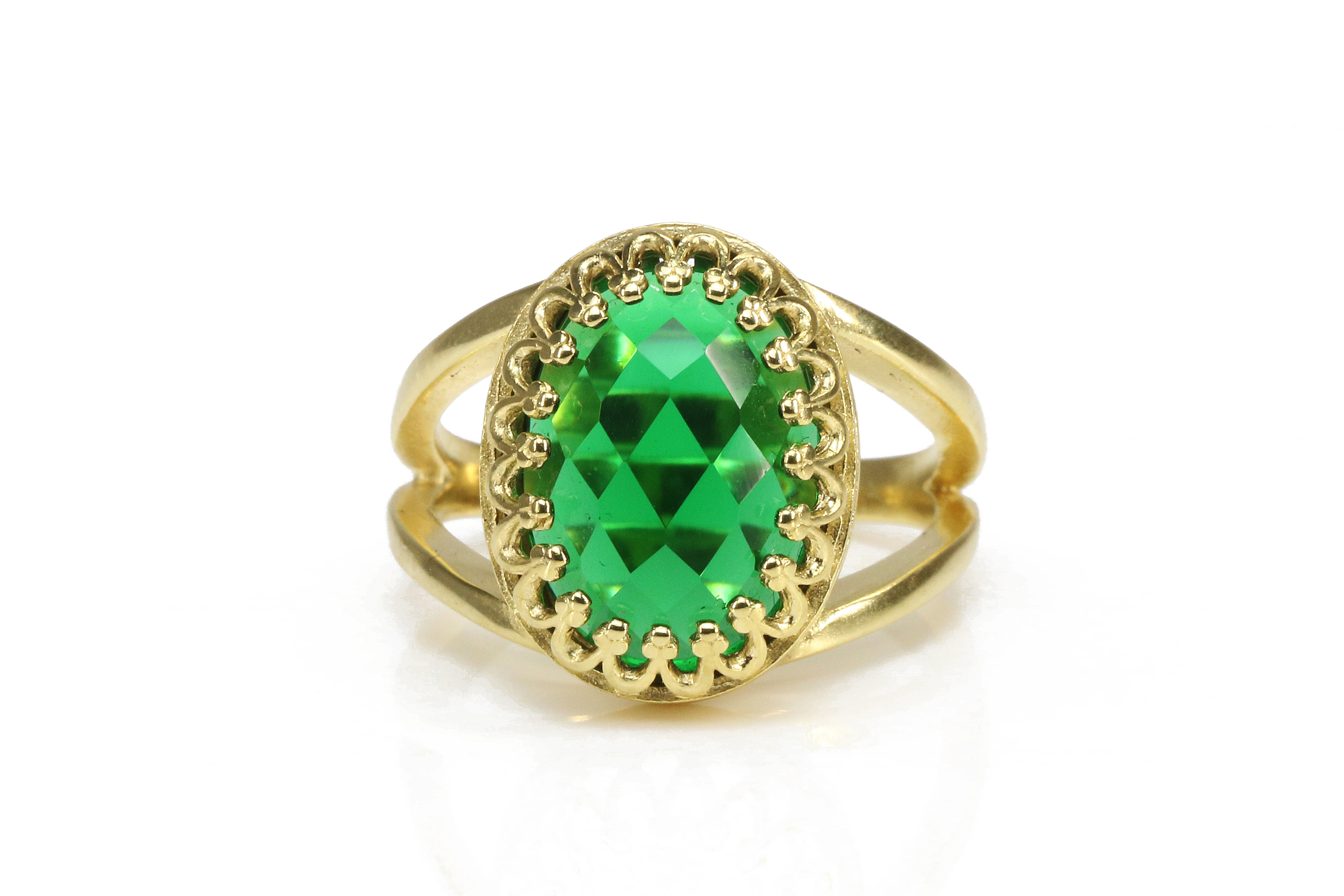 Vintage Inspired Large Oval Emerald Gold Ring Rings Anemone Jewelry