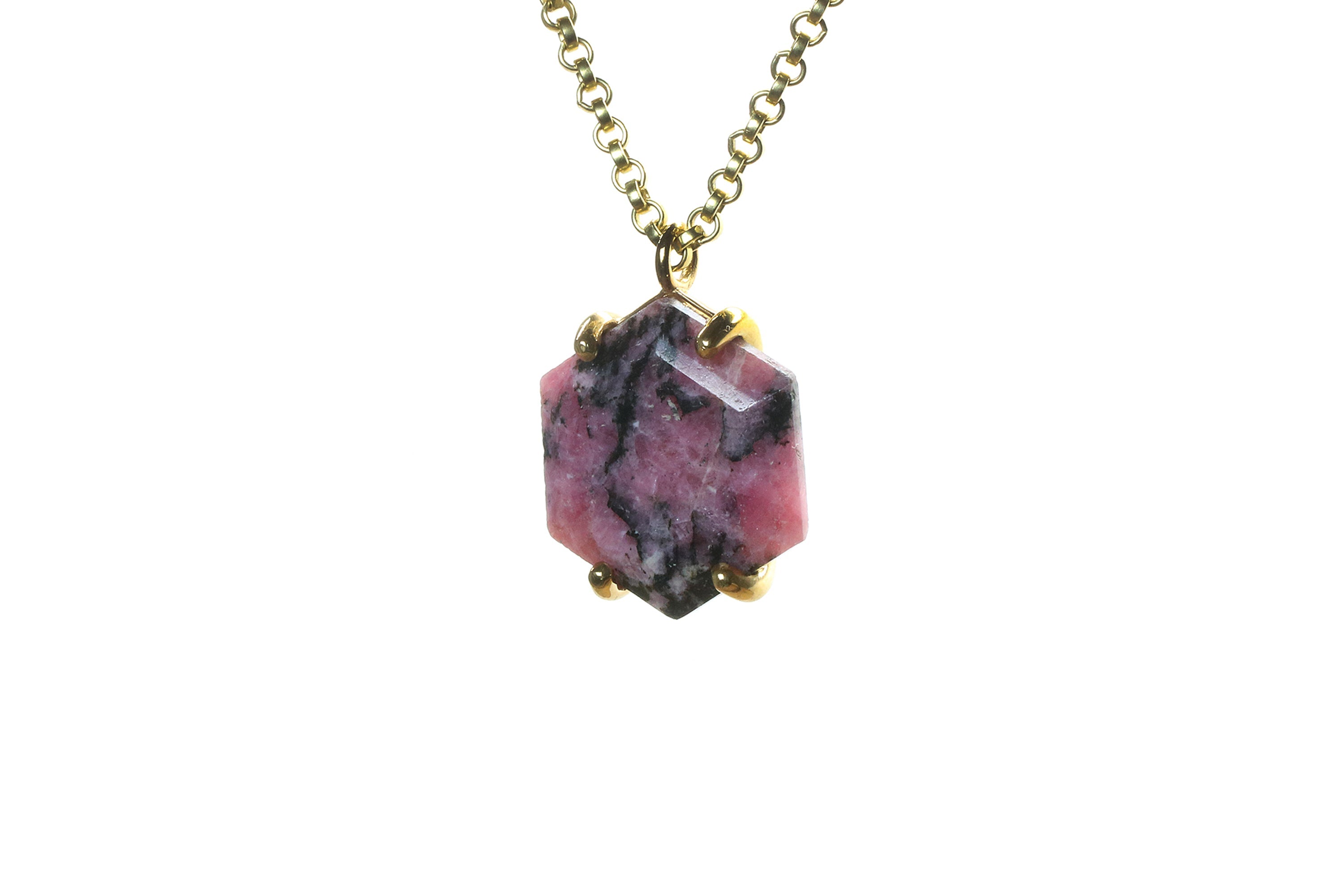 Large Hexagon Rhodonite Necklace in Gold necklaces Anemone Jewelry