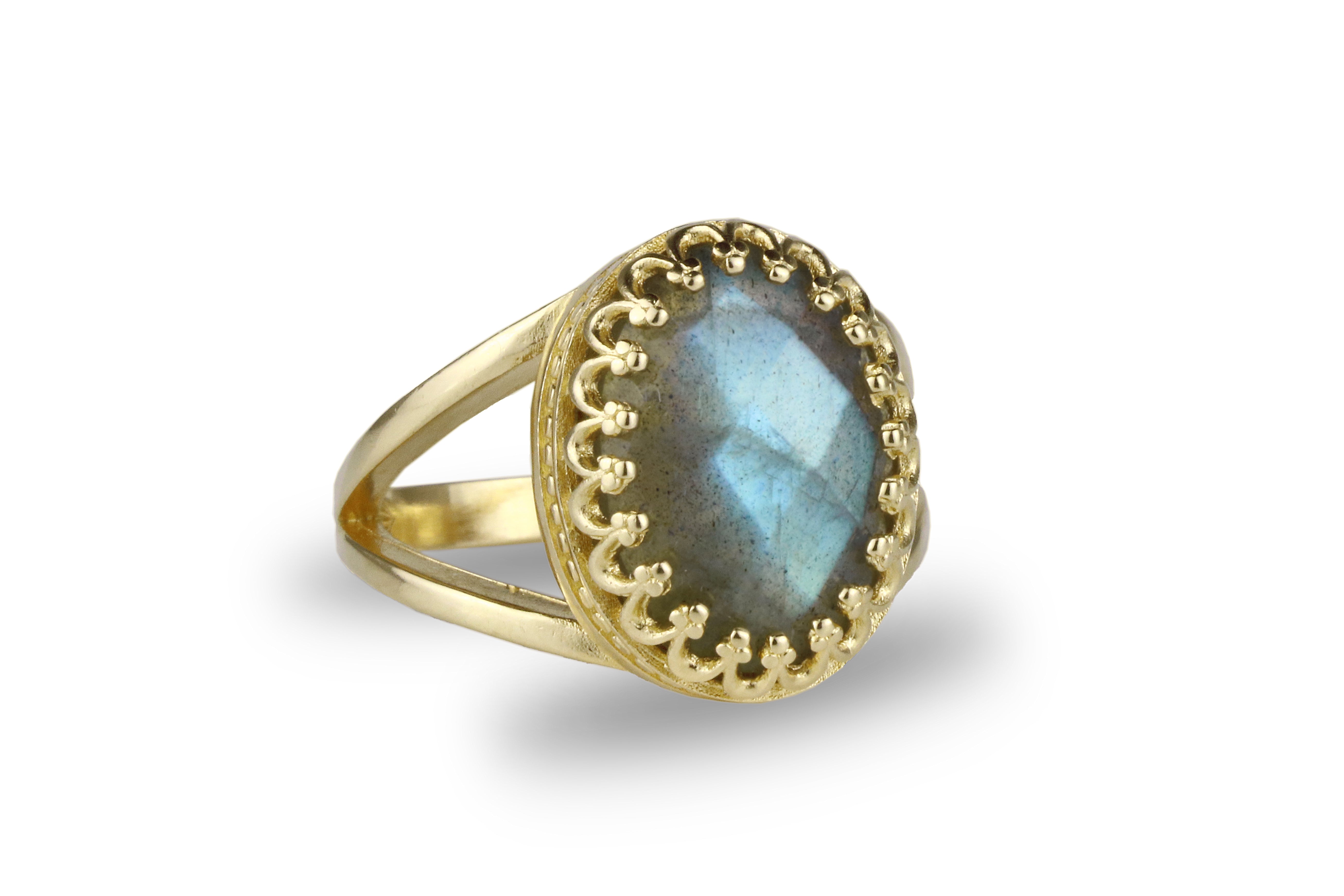 Oval Labradorite Gemstone in 14K Gold Rings Anemone Jewelry