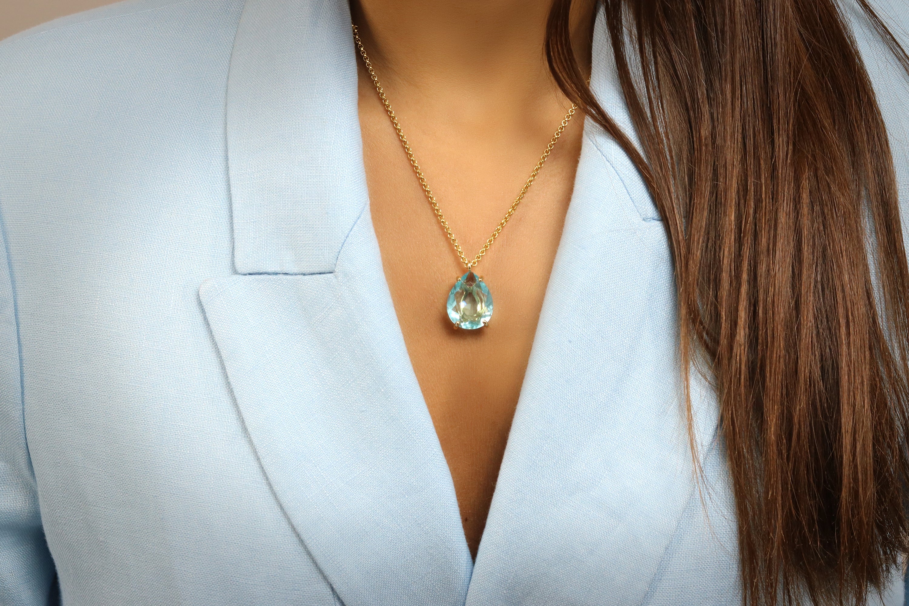 Custom Pear Blue Topaz Necklace in 14k Gold necklaces Anemone Jewelry