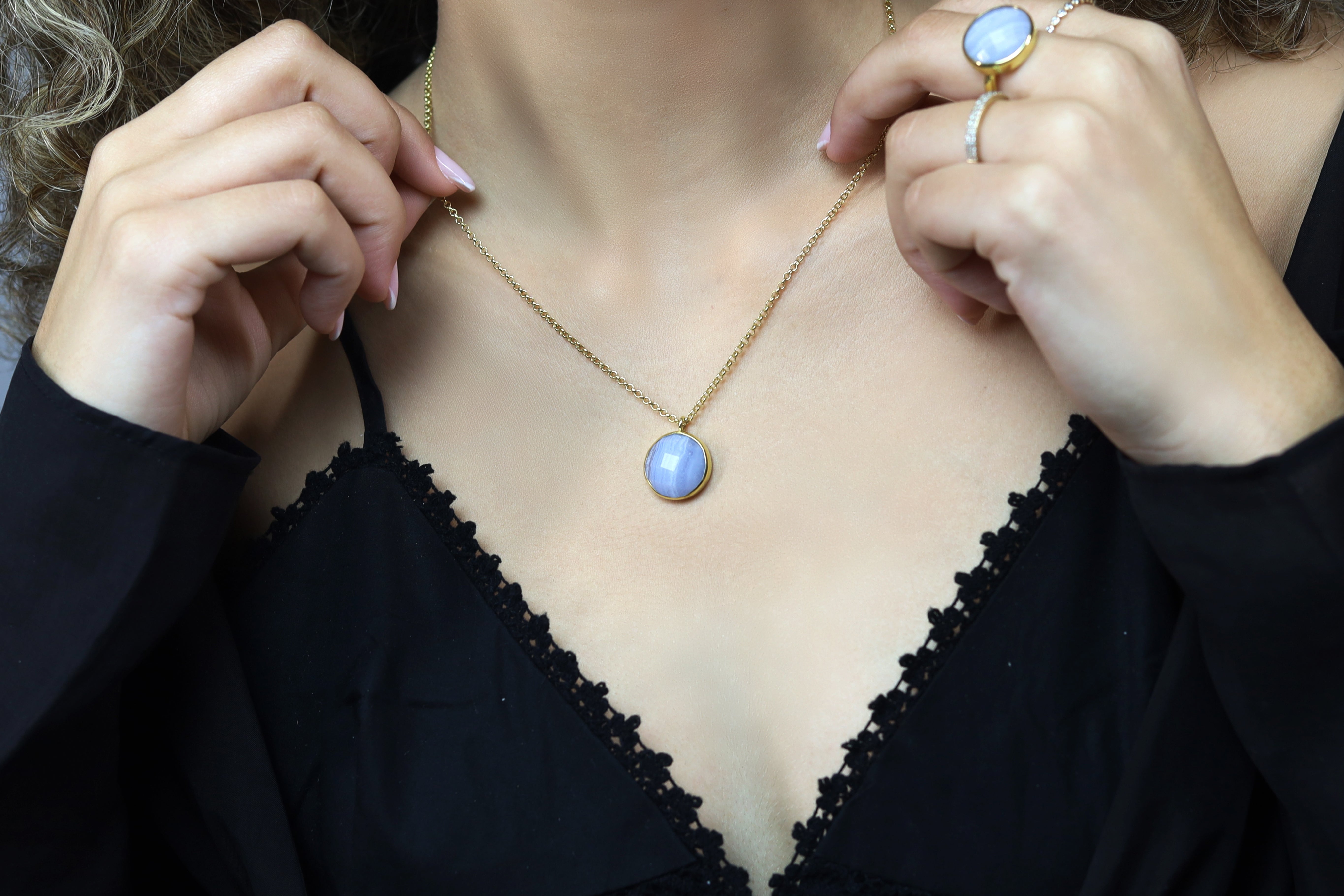 Gold Extra Long Lace Agate Bezel Pendant Necklace necklaces Anemone Limited