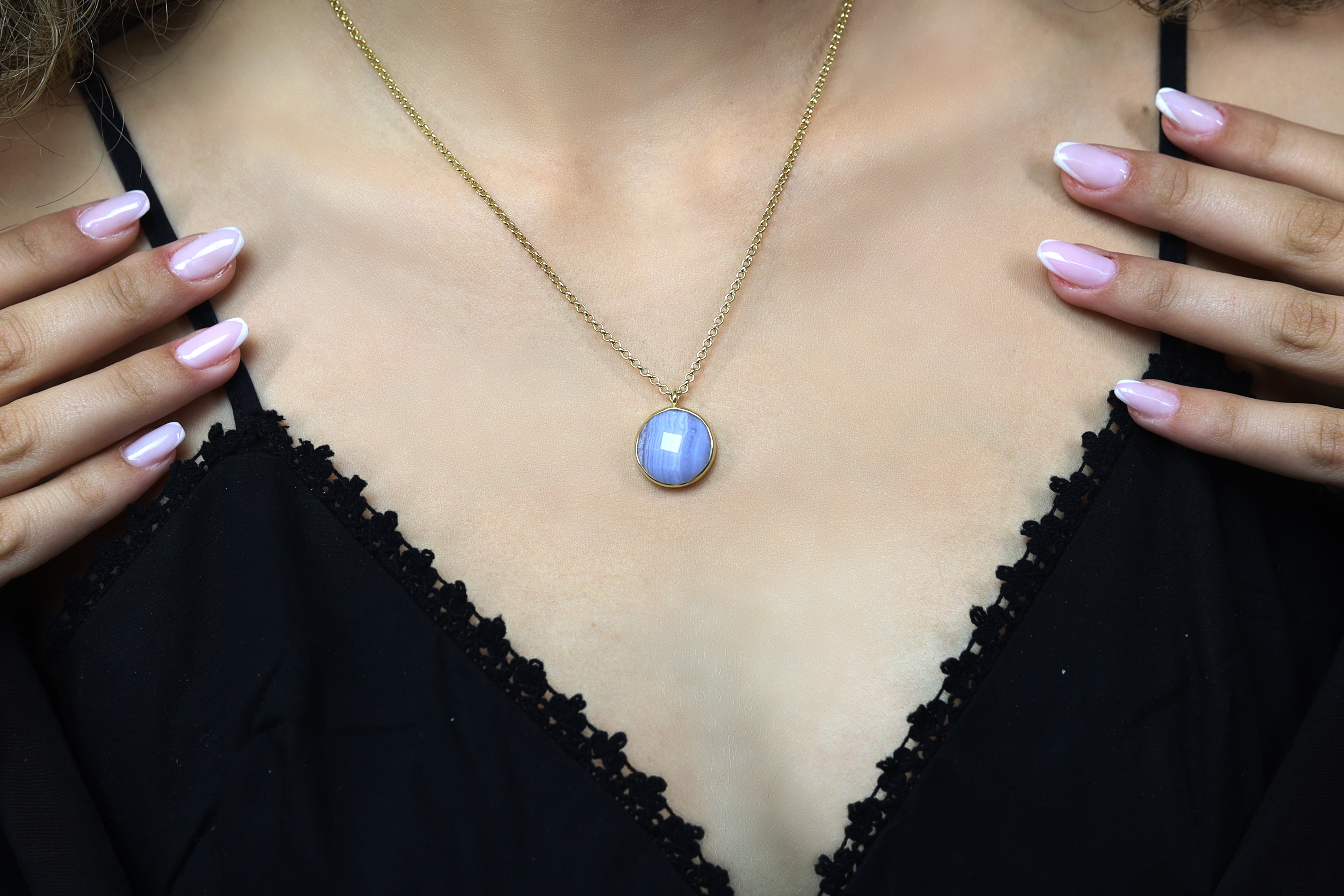 Gold Extra Long Lace Agate Bezel Pendant Necklace necklaces Anemone Limited