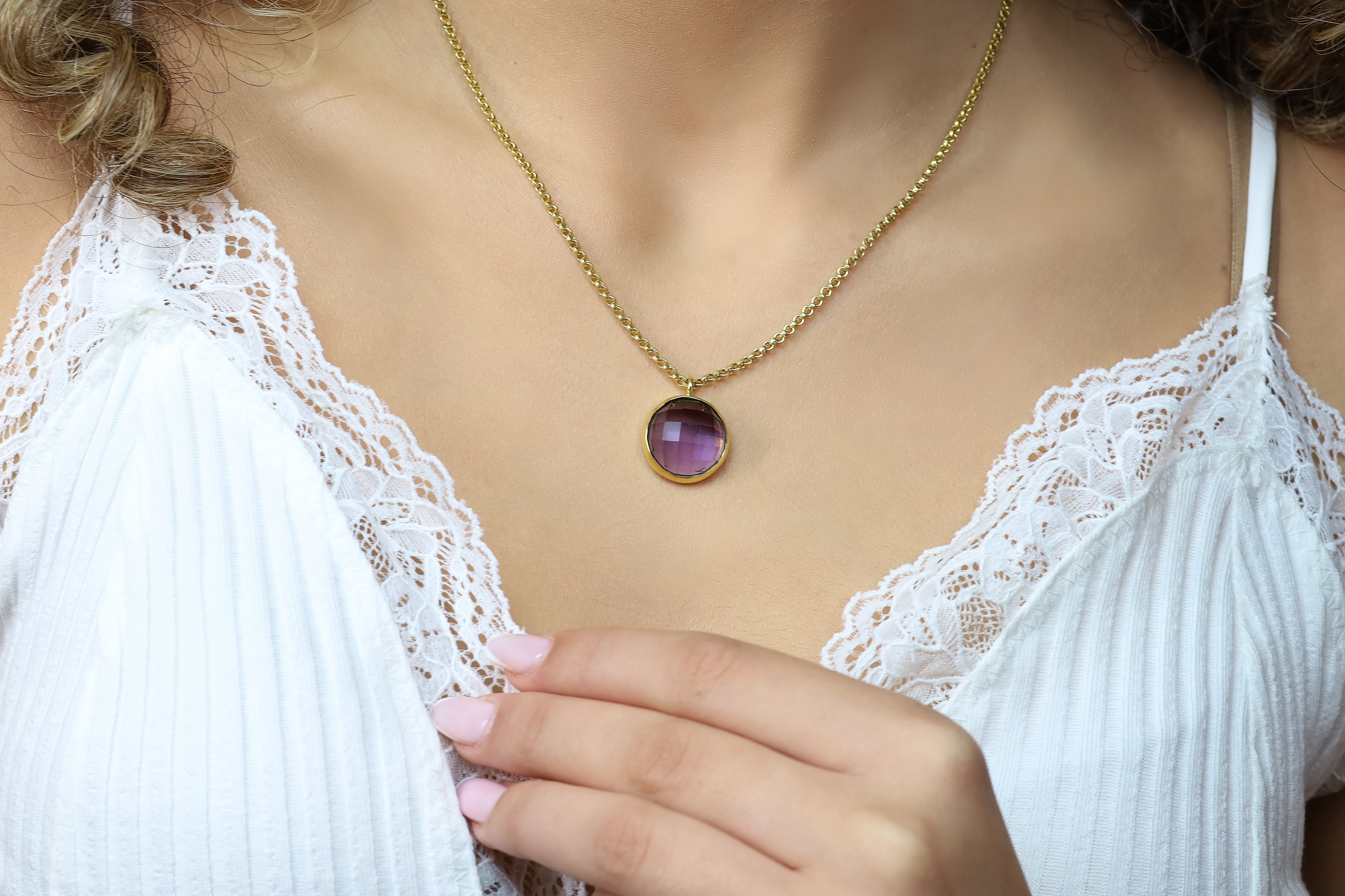 14k Gold Purple Amethyst Bezel Set Gemstone Necklace necklaces Anemone Limited