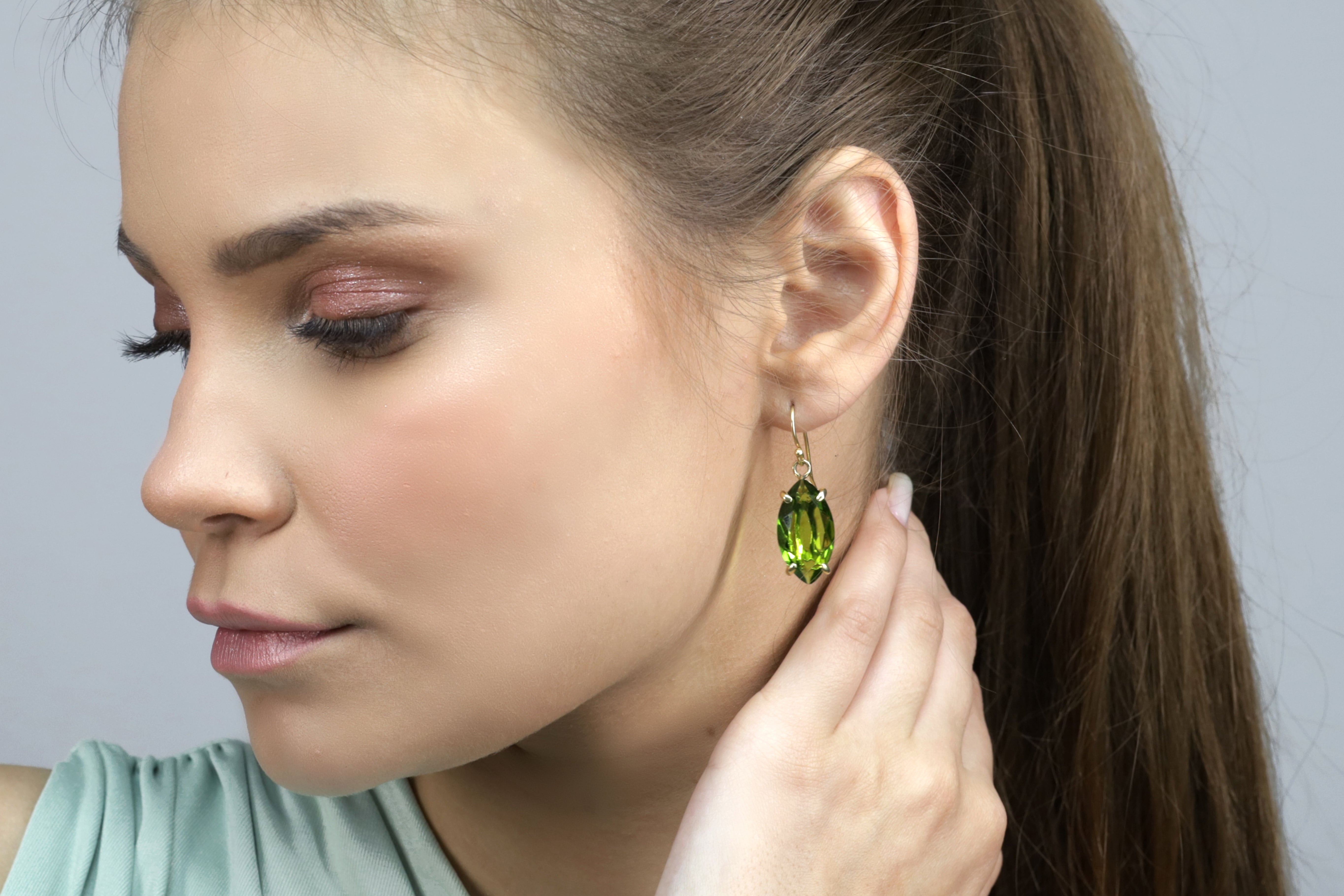 Long Marquise Cut Peridot Gold Dangle Earrings Earrings Anemone Jewelry