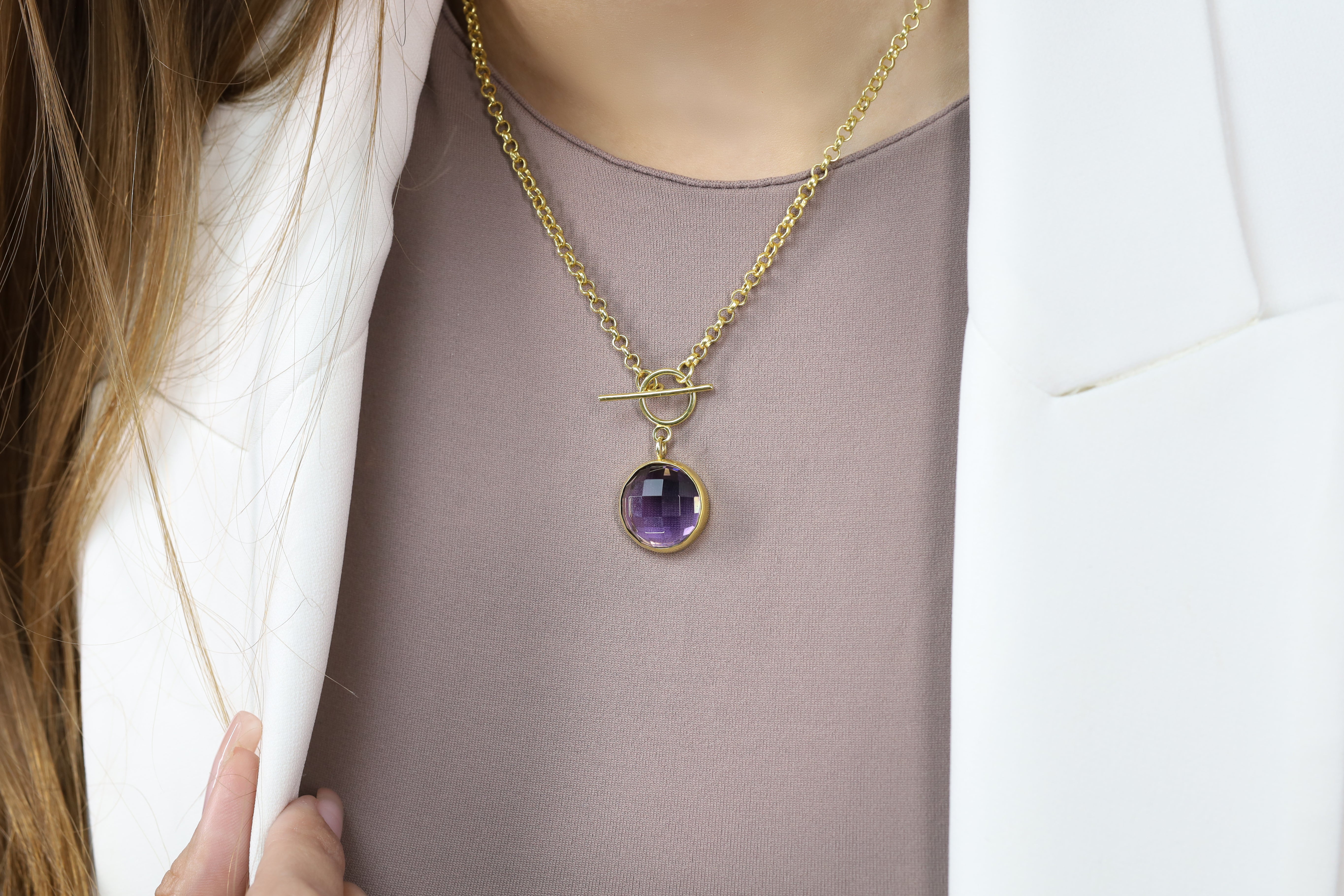 Toggle Clasp Necklace with Round Bezel Set Amethyst Pendant necklaces Anemone Limited