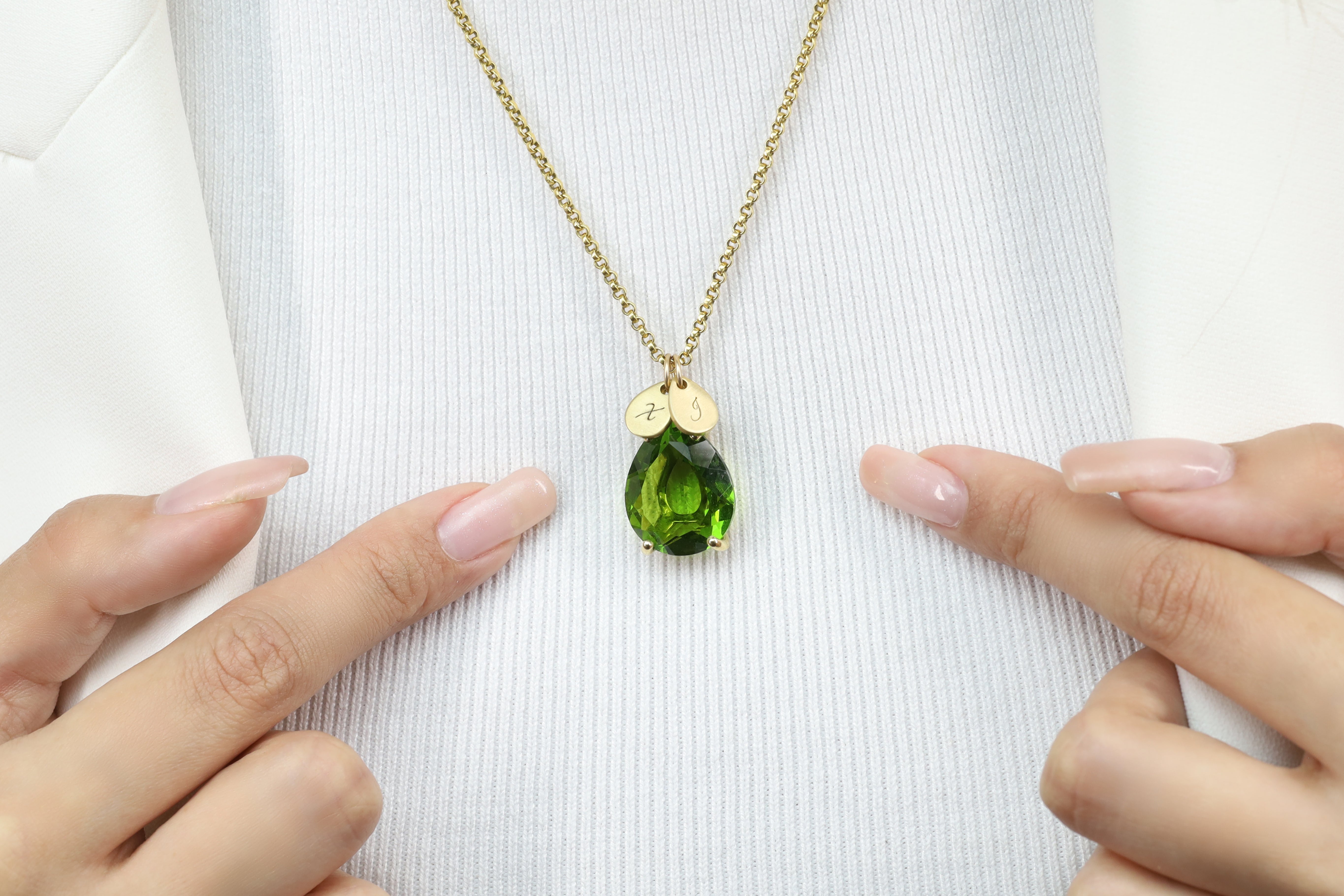 Customized 14k Gold Pear Peridot and Coin Pendant Necklace necklaces Anemone Jewelry