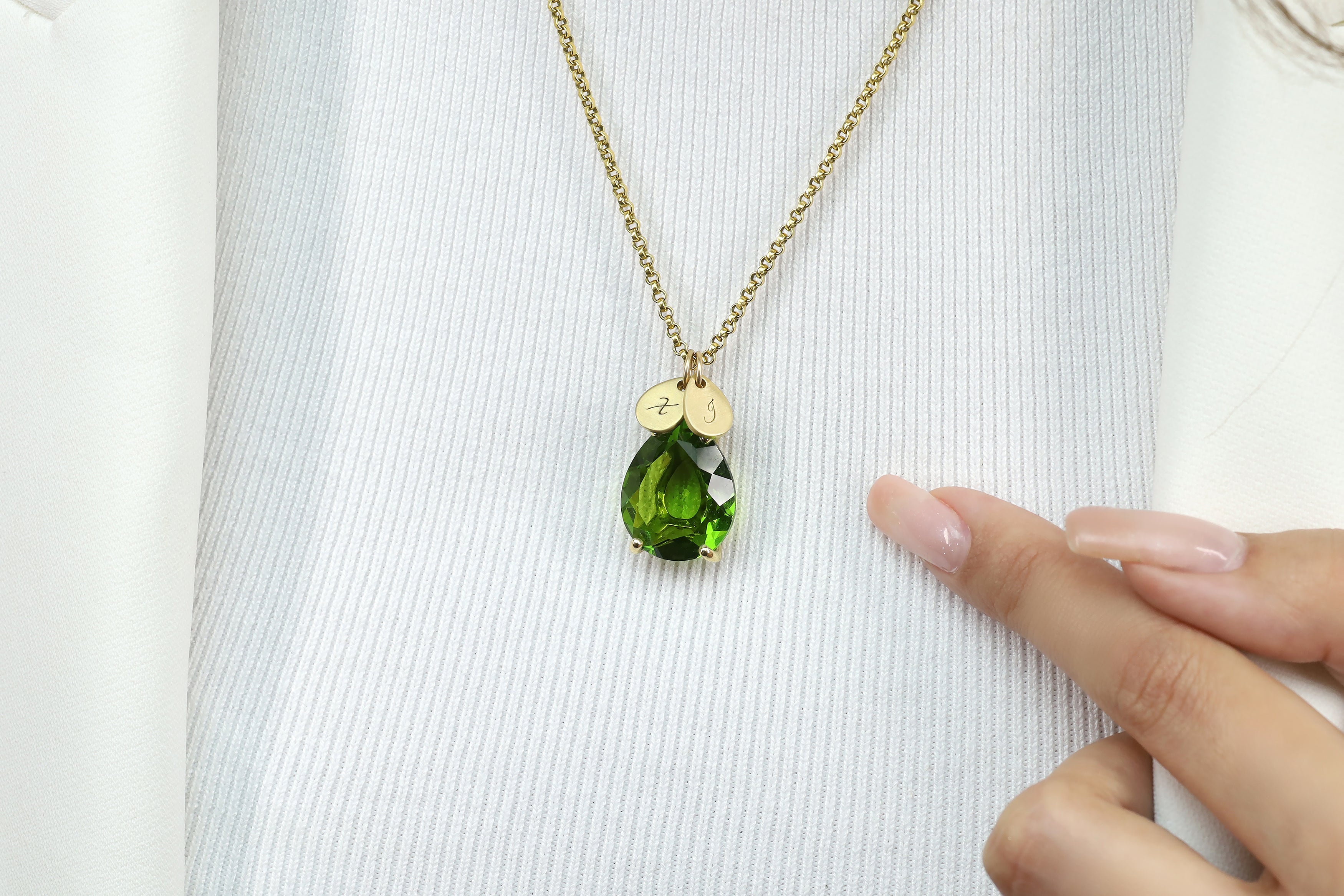 Customized 14k Gold Pear Peridot and Coin Pendant Necklace necklaces Anemone Jewelry