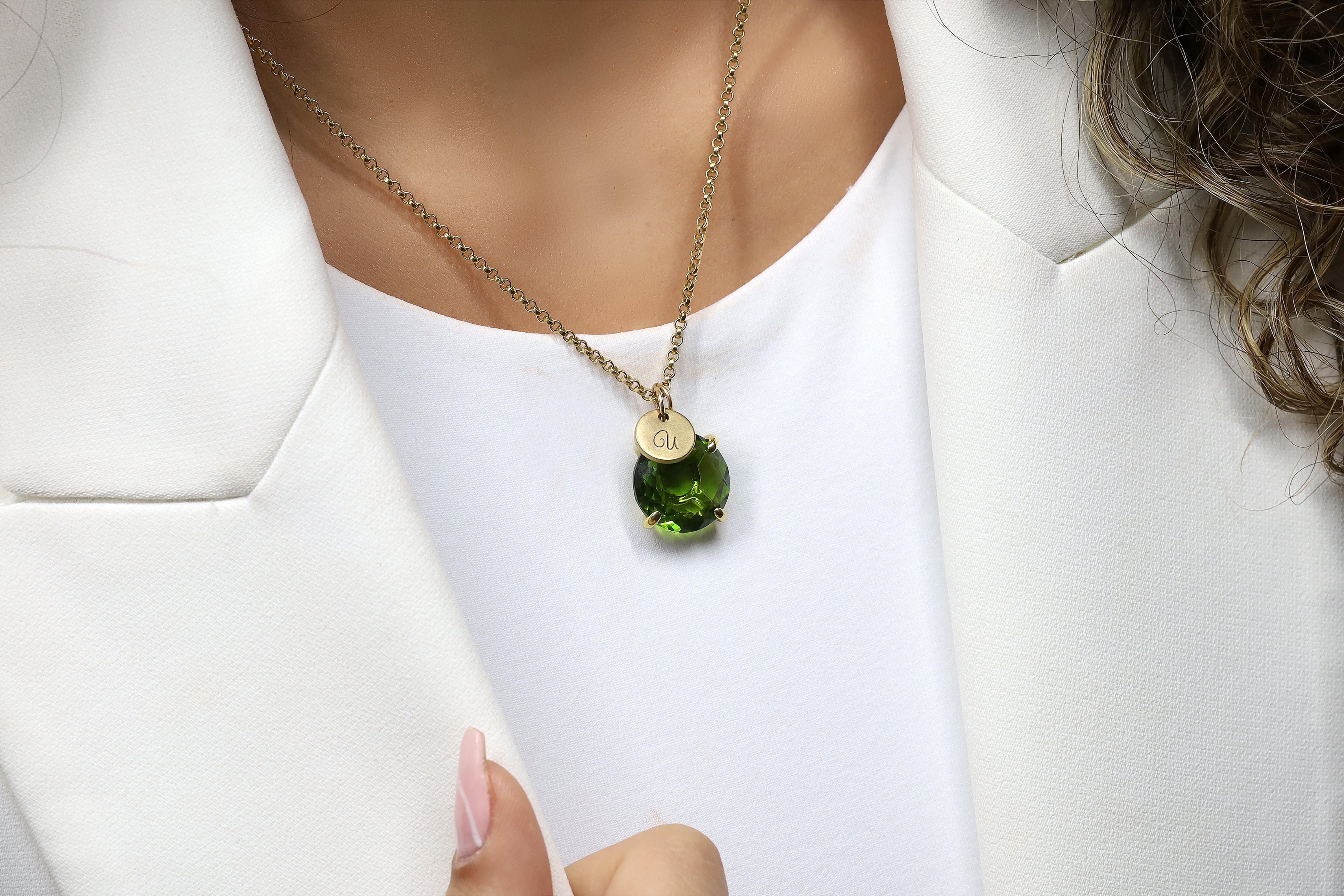 Engraved Initials Coin and Peridot Round Cut Gold Necklace necklaces Anemone Jewelry