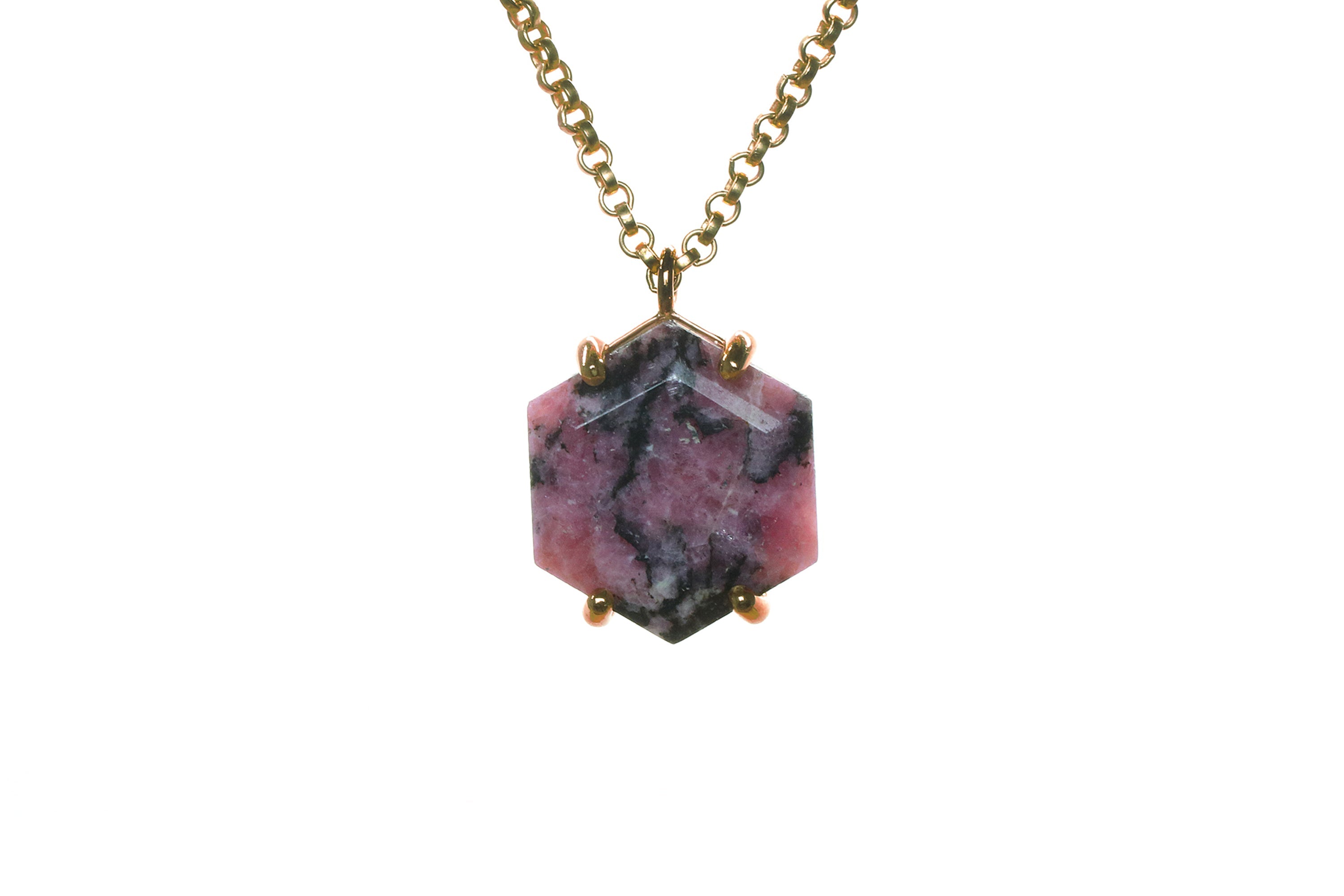 Large Hexagon Rhodonite Necklace in Gold necklaces Anemone Jewelry