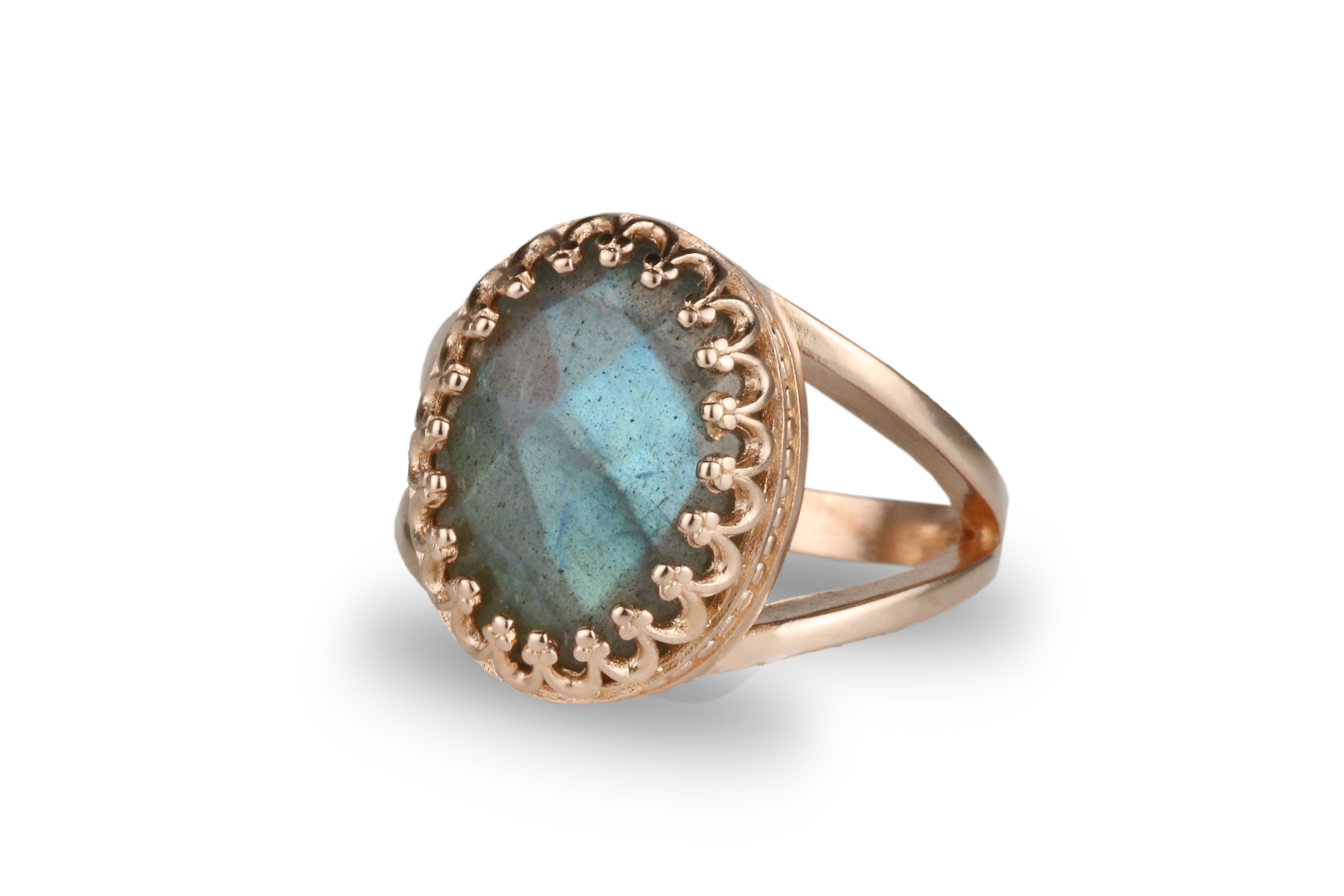 Oval Labradorite Gemstone in 14K Gold Rings Anemone Jewelry