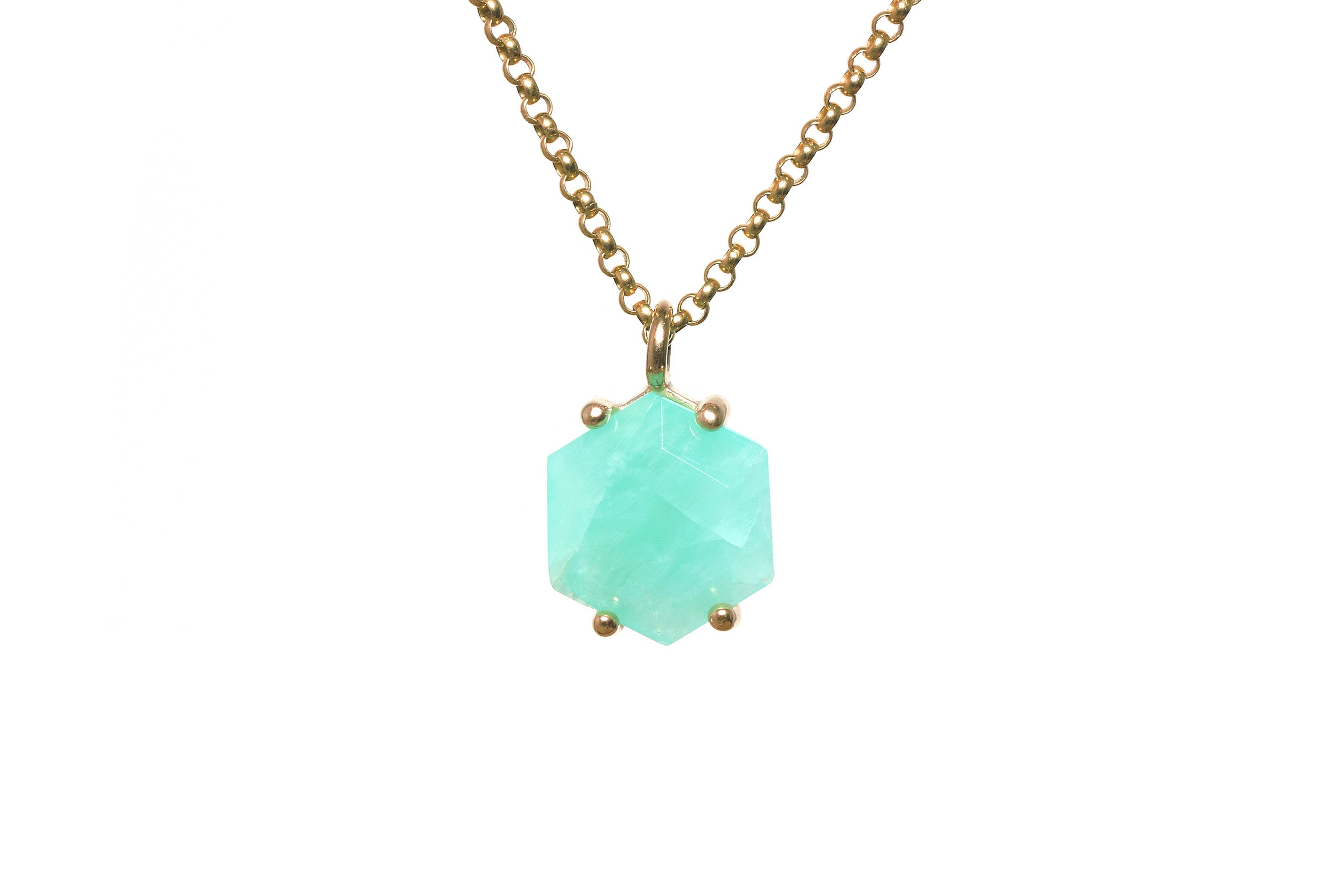 Vibrant Hexagon Amazonite Gold Necklace necklaces Anemone Unique