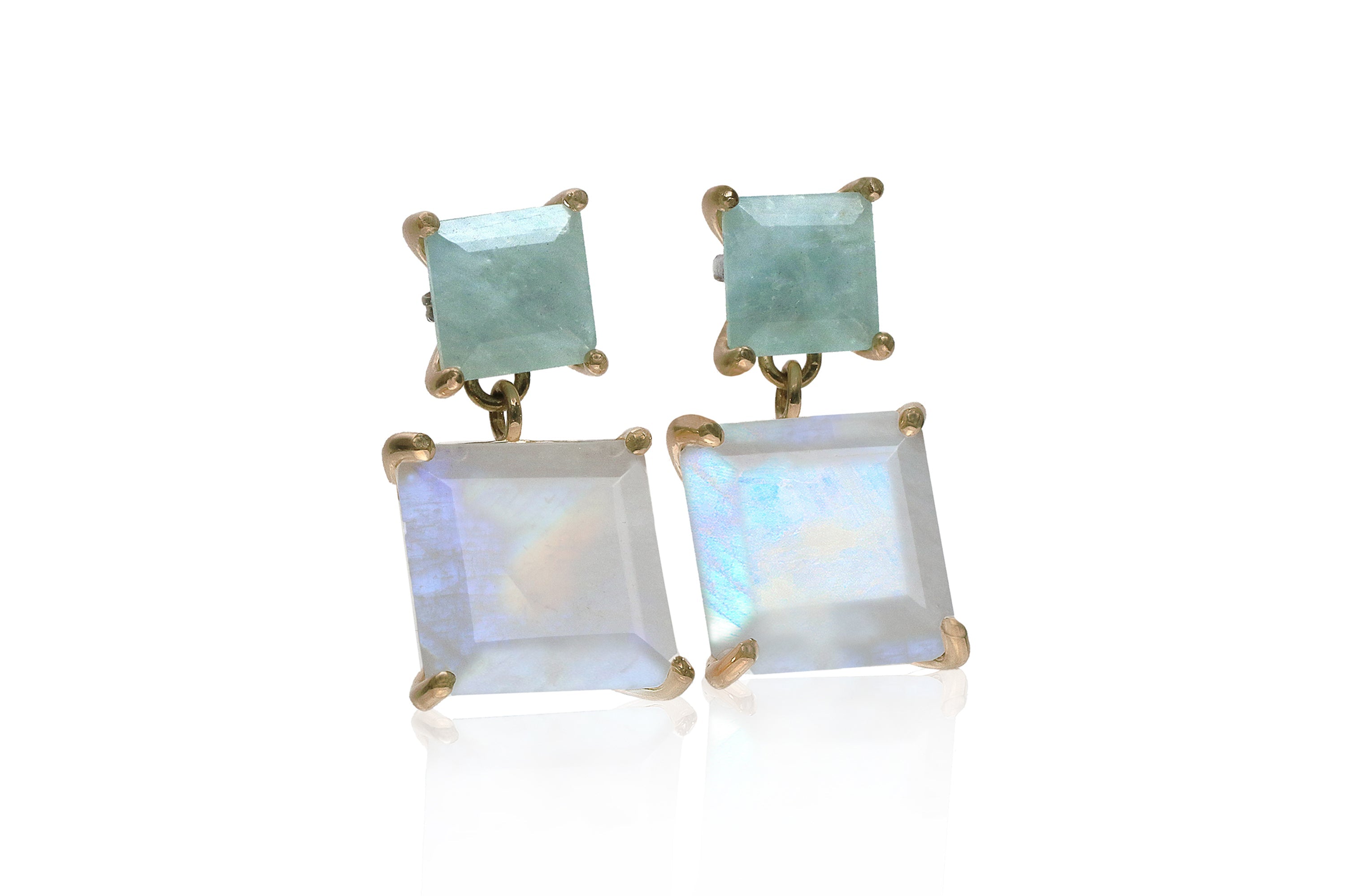 Square Dangle Moonstone and Aquamarine Gold Earrings Earrings Anemone Jewelry