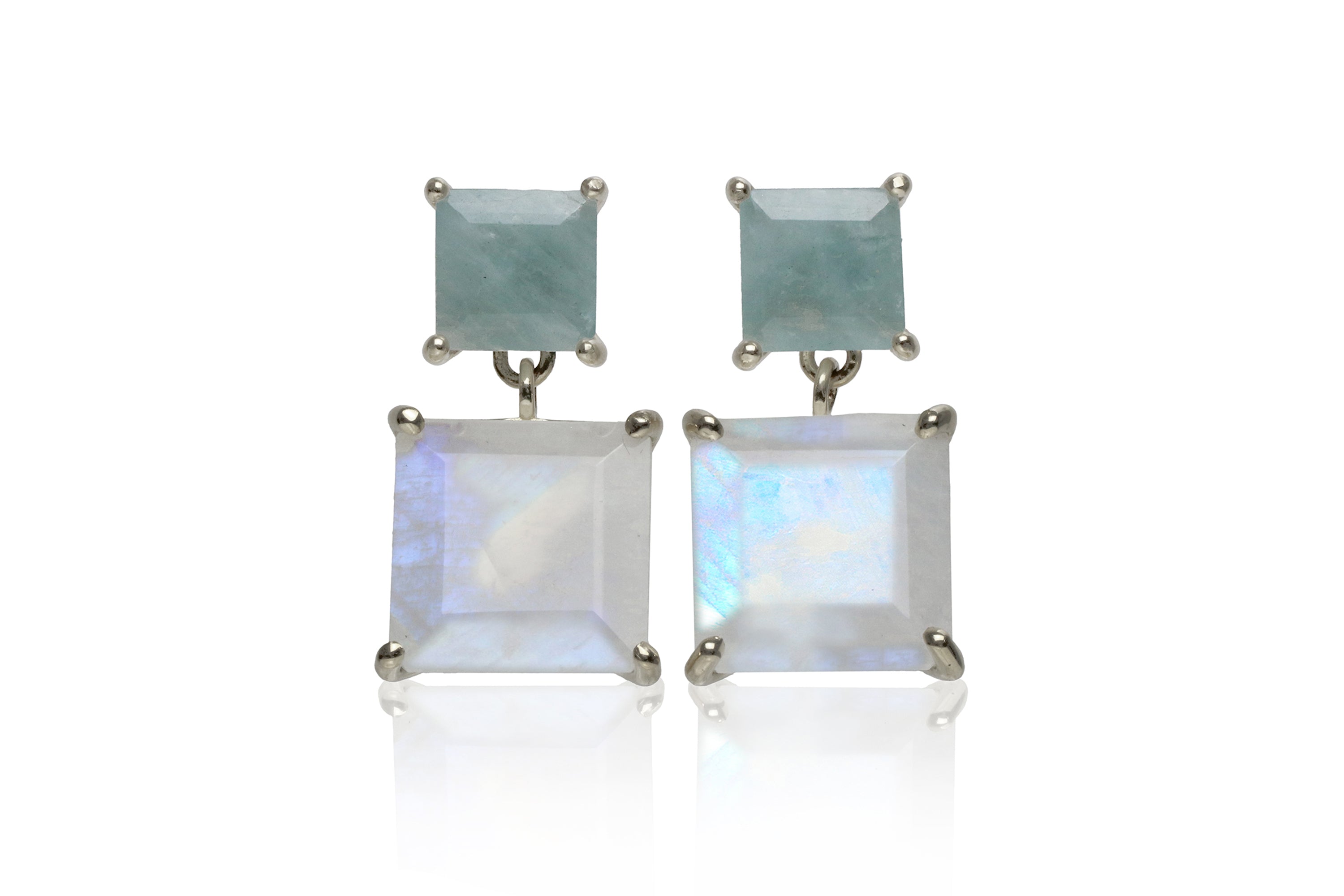 Square Dangle Moonstone and Aquamarine Gold Earrings Earrings Anemone Jewelry